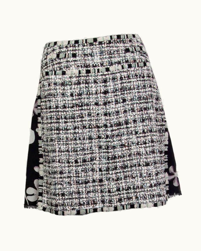 Chanel Chanel Black & White Cotton Blend Plaid Tweed & Floral Skirt
