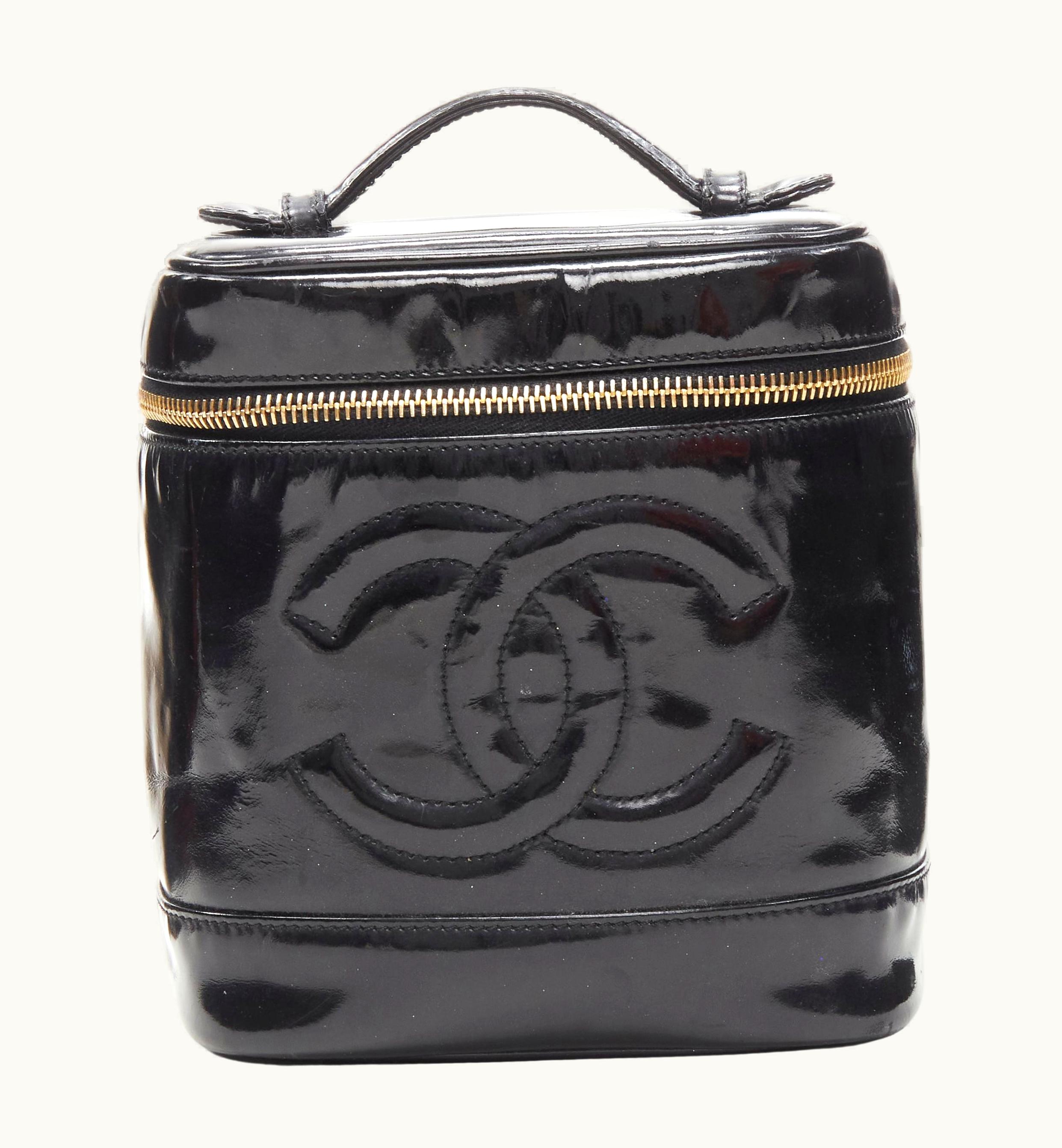 Chanel Chanel Vintage Black Patent Leather Cc Logo Top Handle Vanity Bag