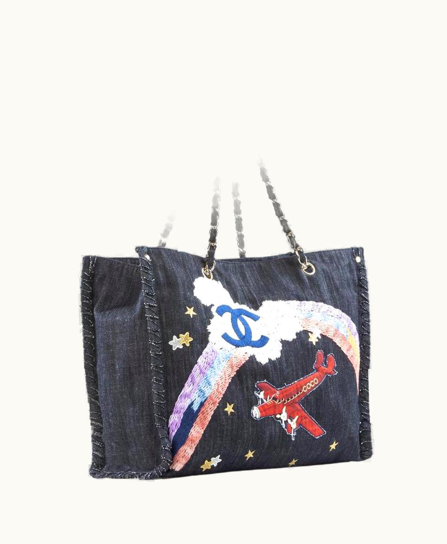 Chanel Chanel Limited Edition Airplane Rainbow Mixed Media Blue Jean Denim Rare Tote