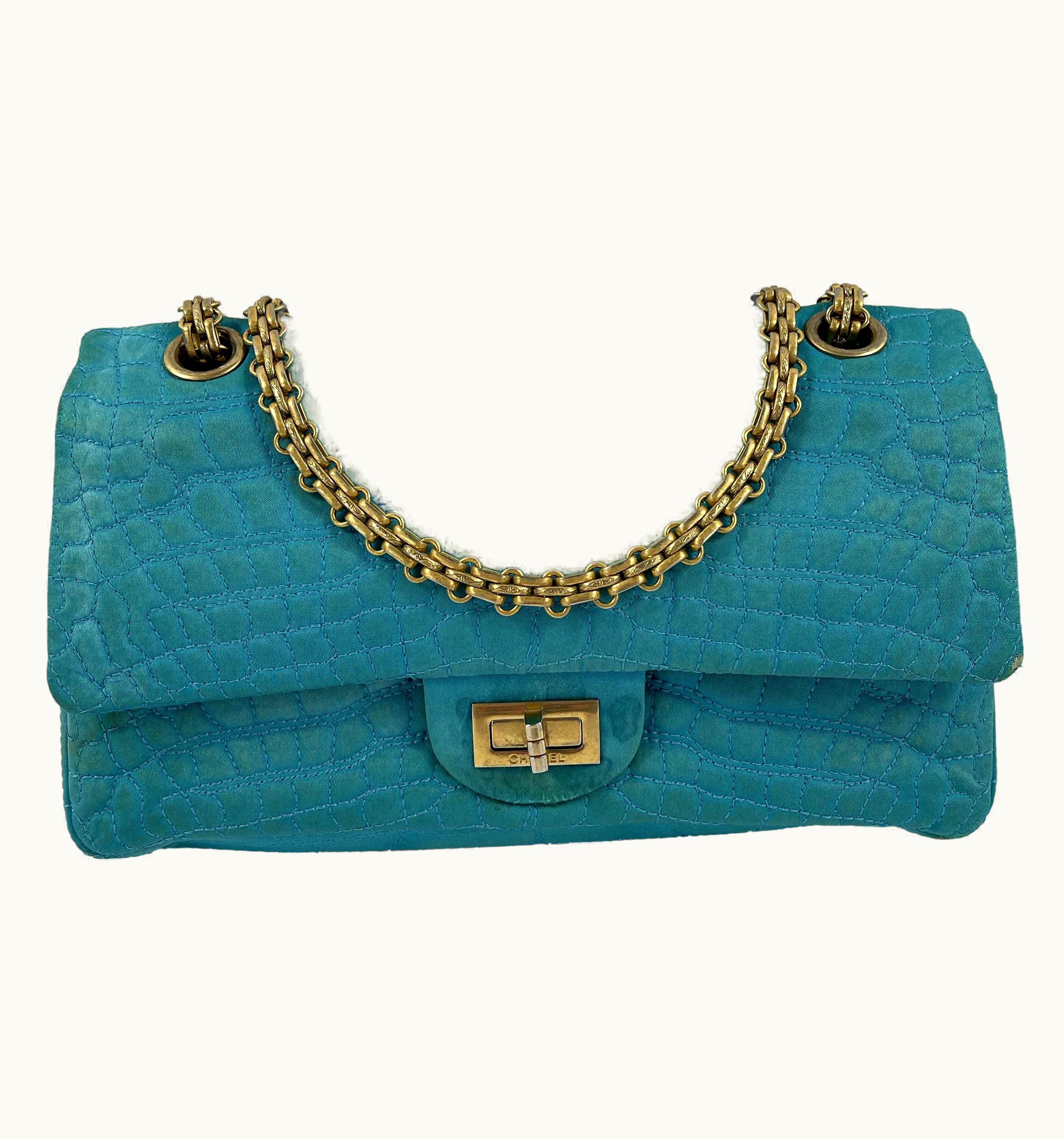 Chanel Chanel Reissue Small 2.55 Satin Crocodile Stitche Turquoise S/S Gold Crossbody