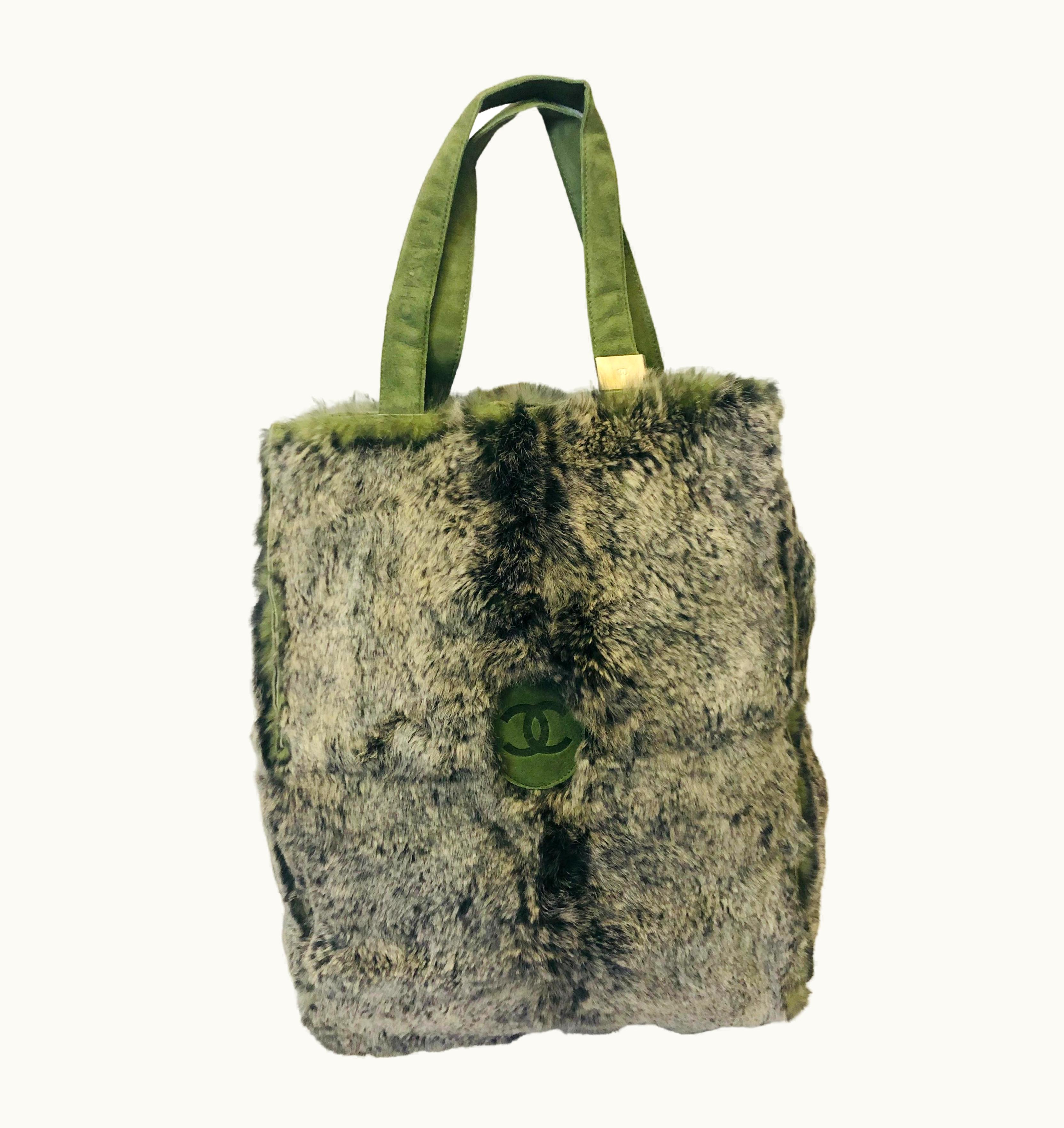Chanel Vintage Chanel Green "CC" Suede And Fur Oblong Tote Bag