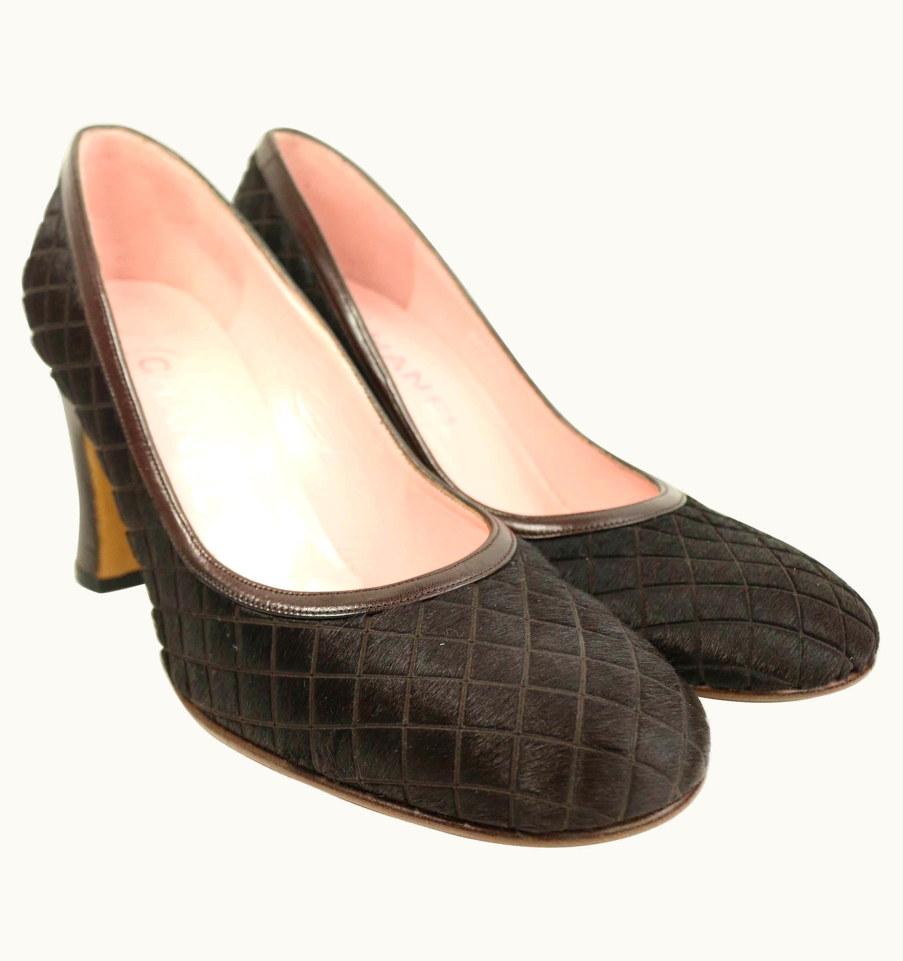 Chanel Unworn Chanel Brown Quilted Horse Hair With Leather Trim Pumps
