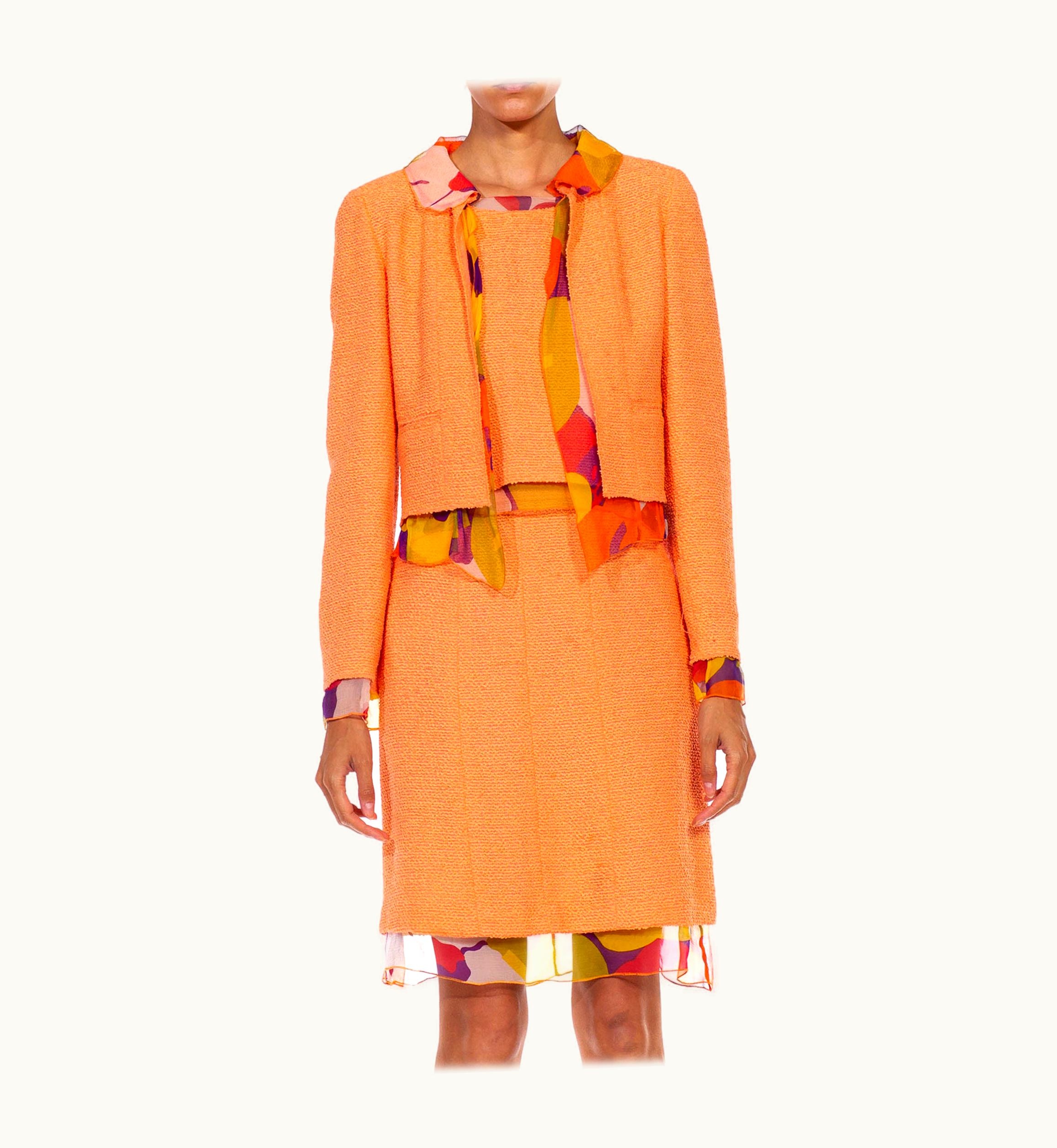 Chanel 2000s Chanel Orange Boucle & Floral Silk Chiffon 3-Piece Skirt Suit