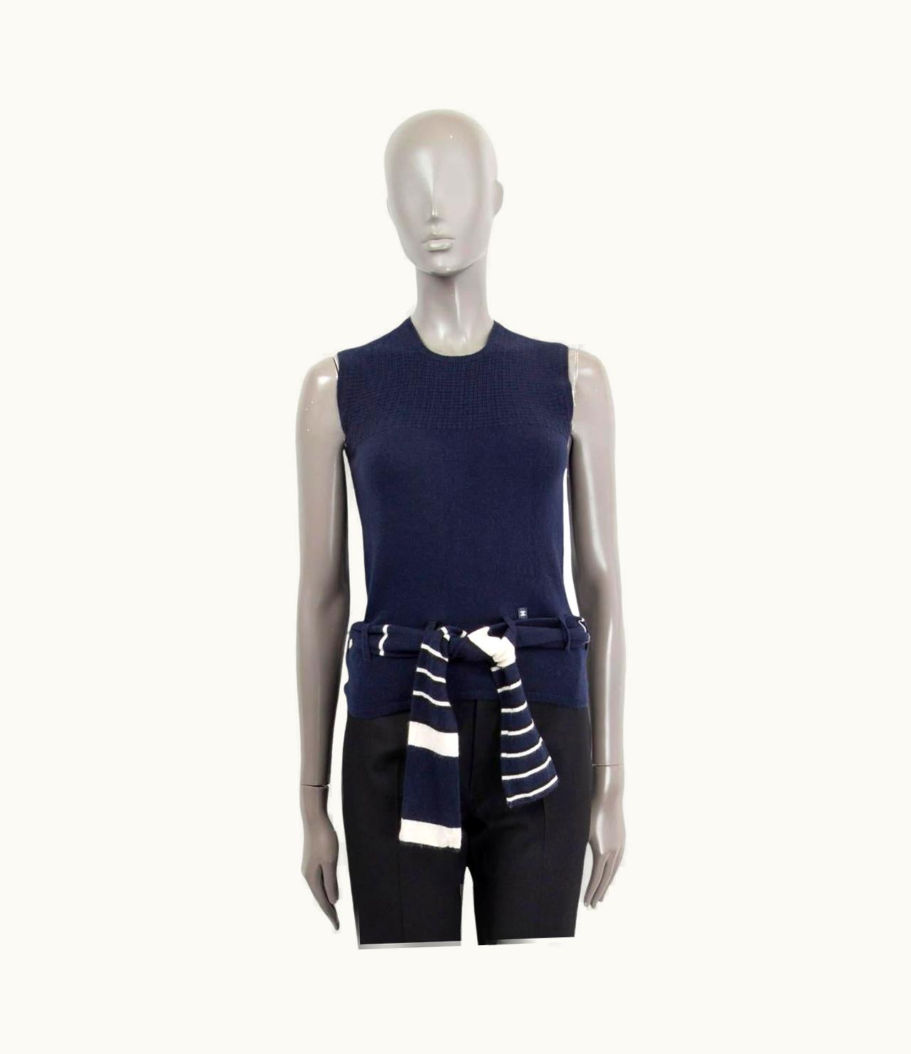 Chanel Chanel Navy Blue Cashmere 2002 Sleeveless Belted Knit Top Shirt
