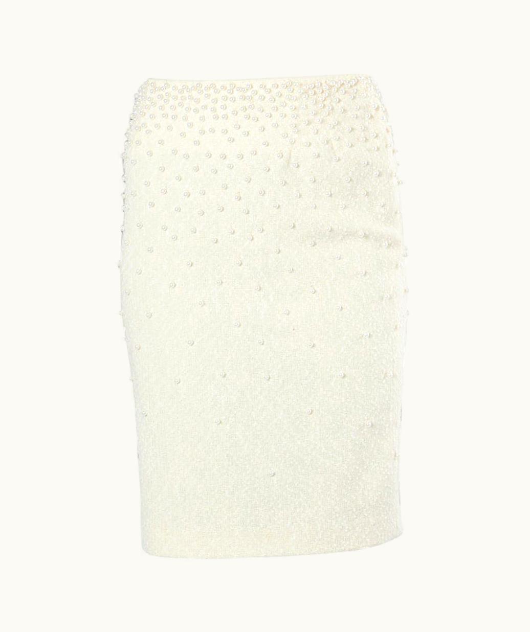 Chanel Chanel Off-white Wool Blend Pearl Embellished Pencil Skirt
