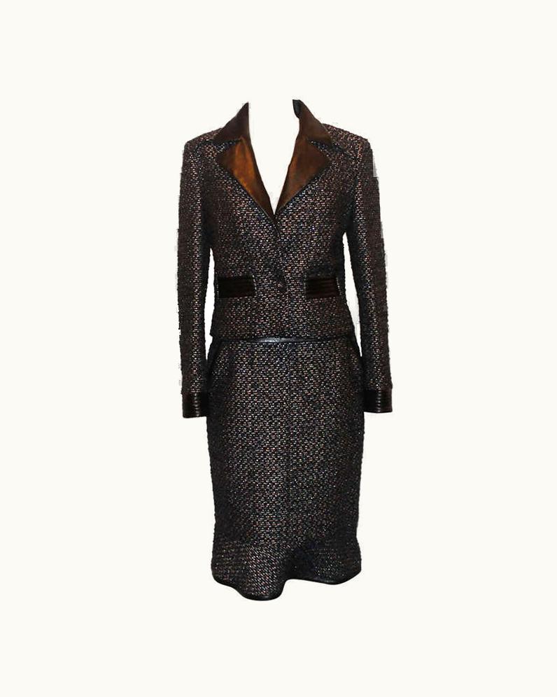 Chanel Chanel Black & Metallic Tweed And Leather Skirt Suit - - Circa 02a