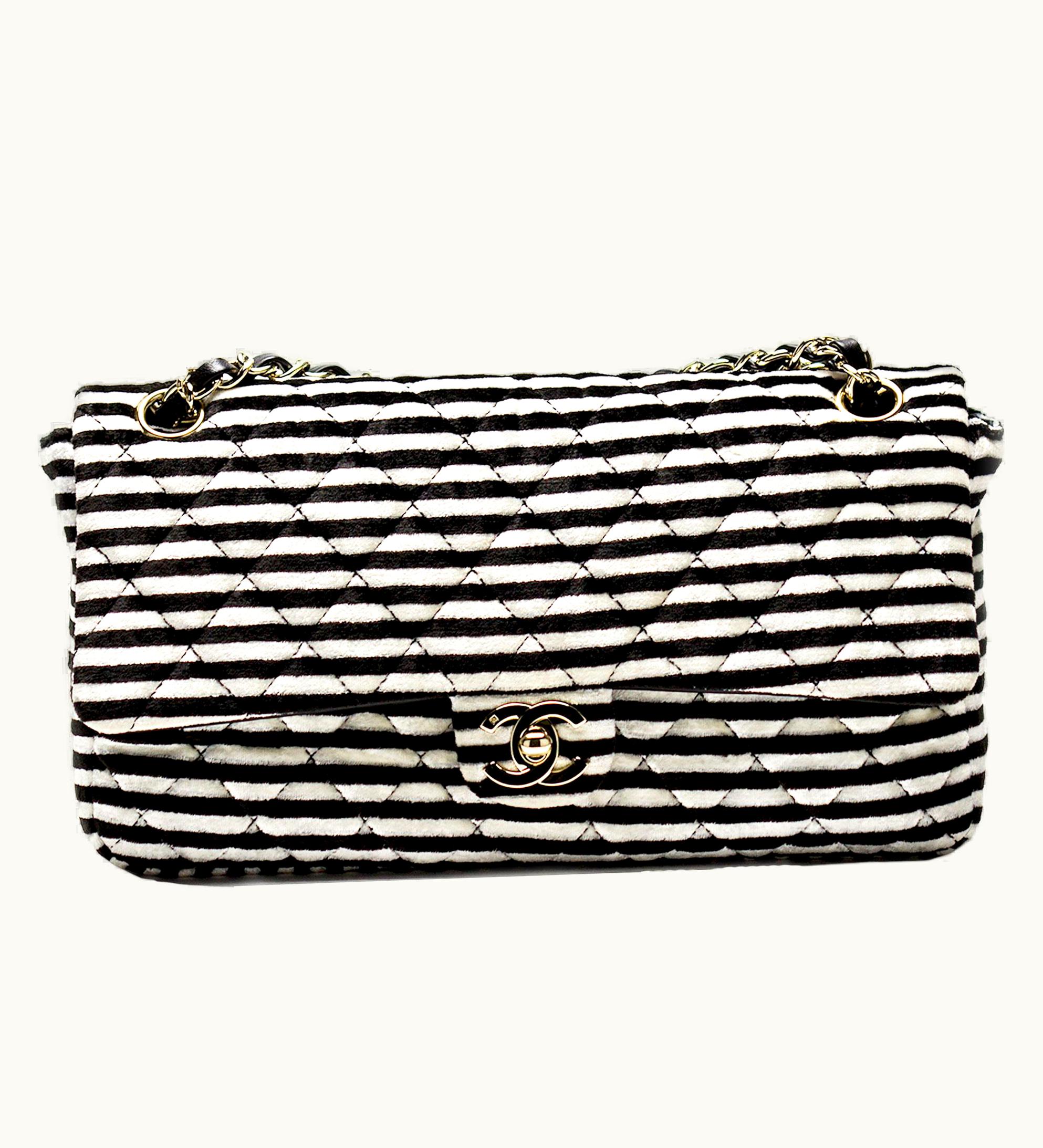 Chanel Chanel Striped Classic Flap Velour Velvet Black And White Crossbody Shoulder Bag