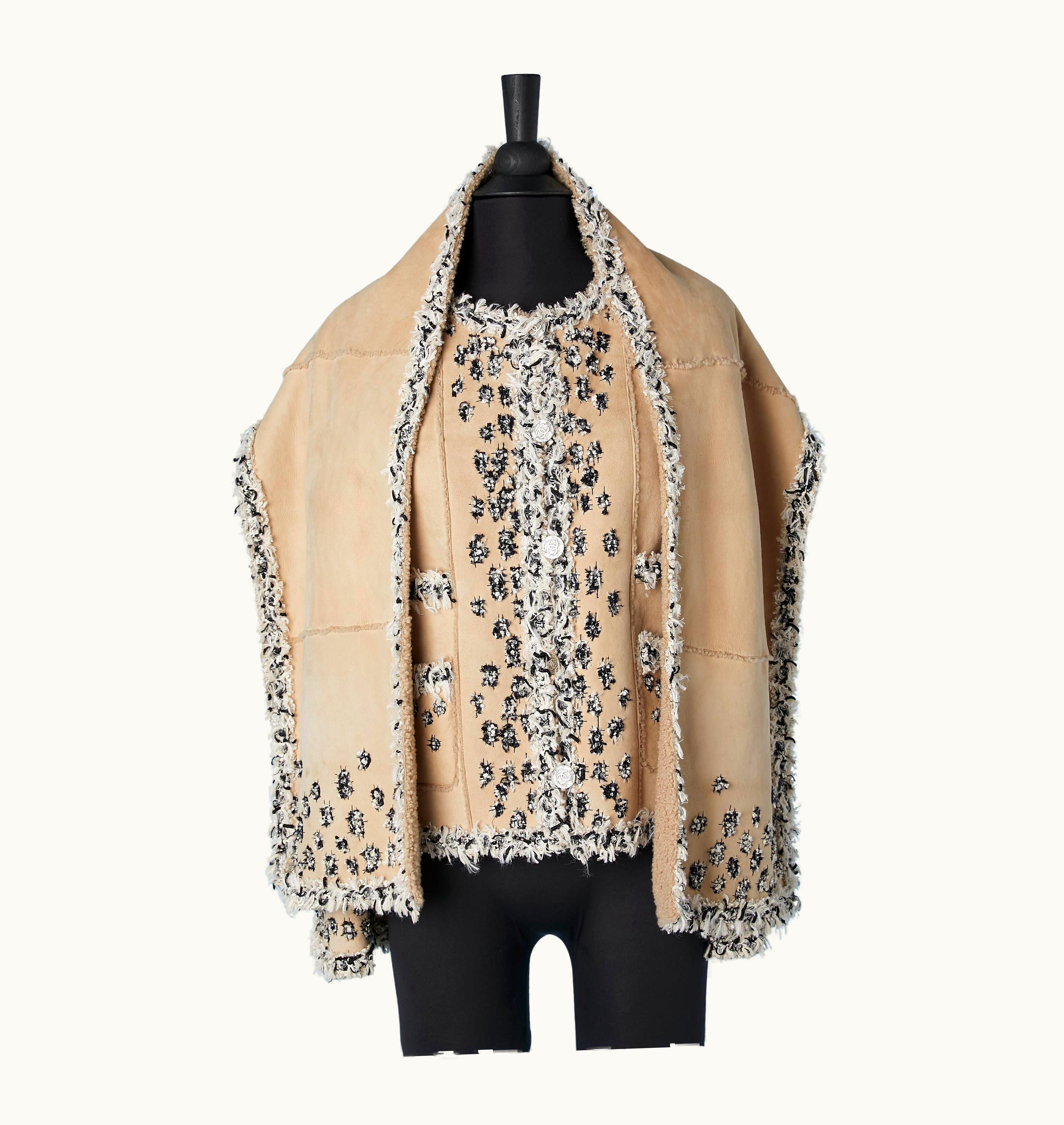 Chanel Beige Baby-lamb Shearling Jacket And Scarf With Tweed Embroideries Chanel
