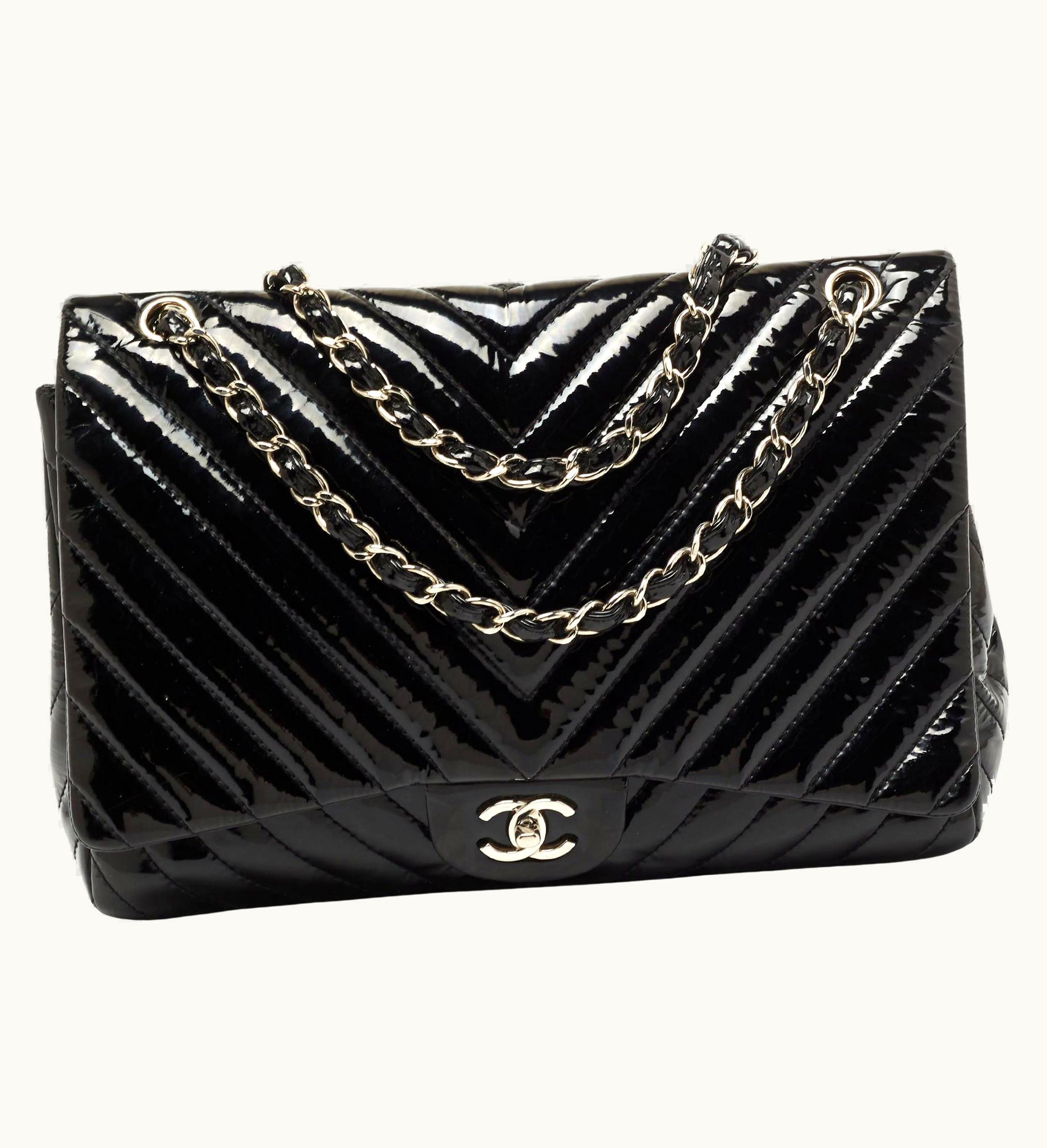 Chanel Chanel Black Chevron Patent Leather Maxi Classic Single Flap Bag
