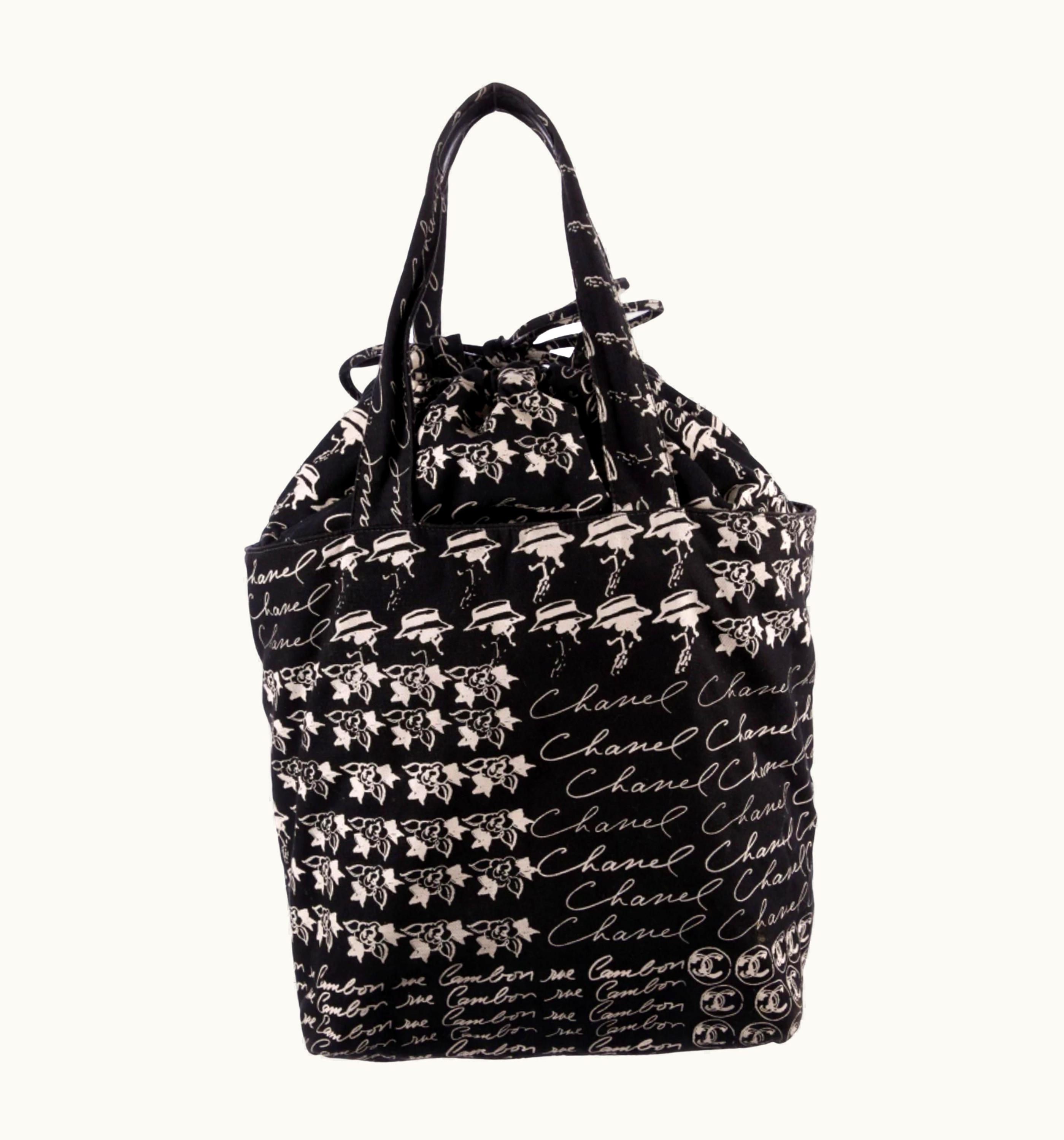 Chanel Chanel Vintage Iconic Graffiti Black Cc Logo Large Drawstring Tote Bag