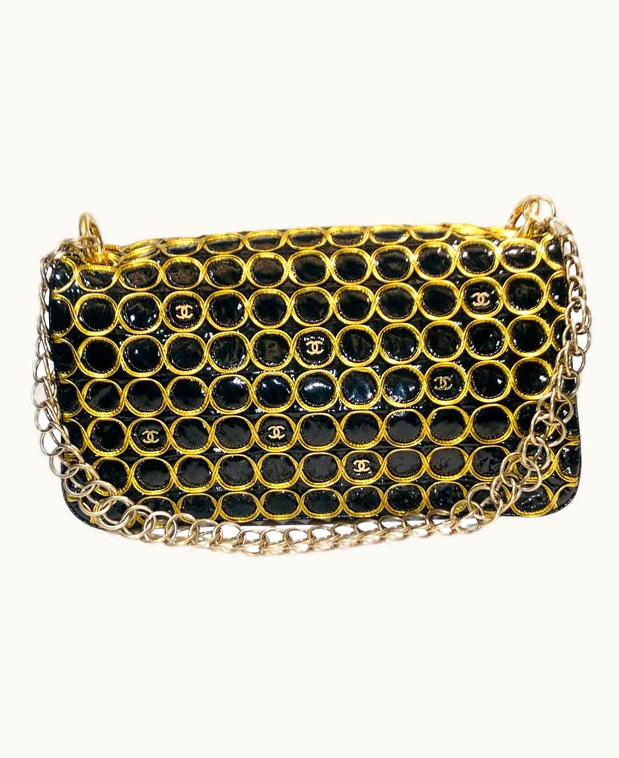 Chanel Chanel Black Patent Leather Cc Gold Embroidered Chain Clutch/Shoulder Bag