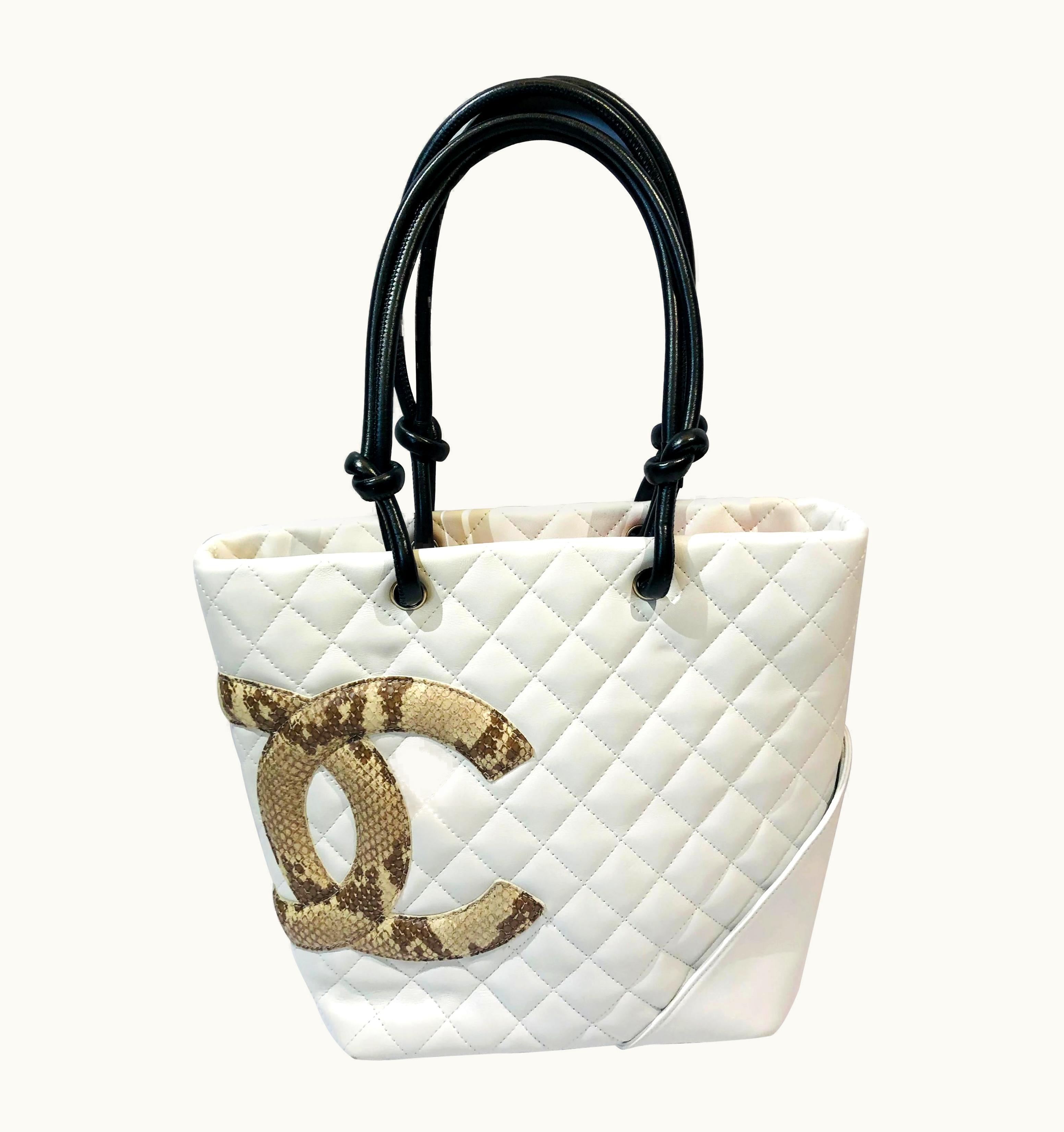 Chanel Chanel White Lambskin Quilted Tote Bag With Embossed Snakeskin "CC" Logo