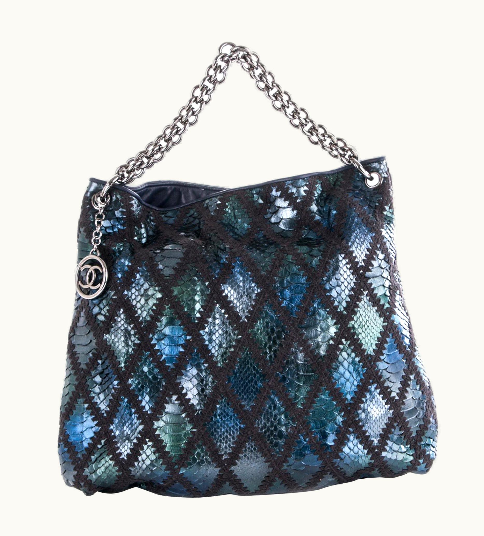 Chanel Chanel Modern Thick Chunky Chain Exotic Python Metallic Blue Hobo Slouchy Tote UZ0593139