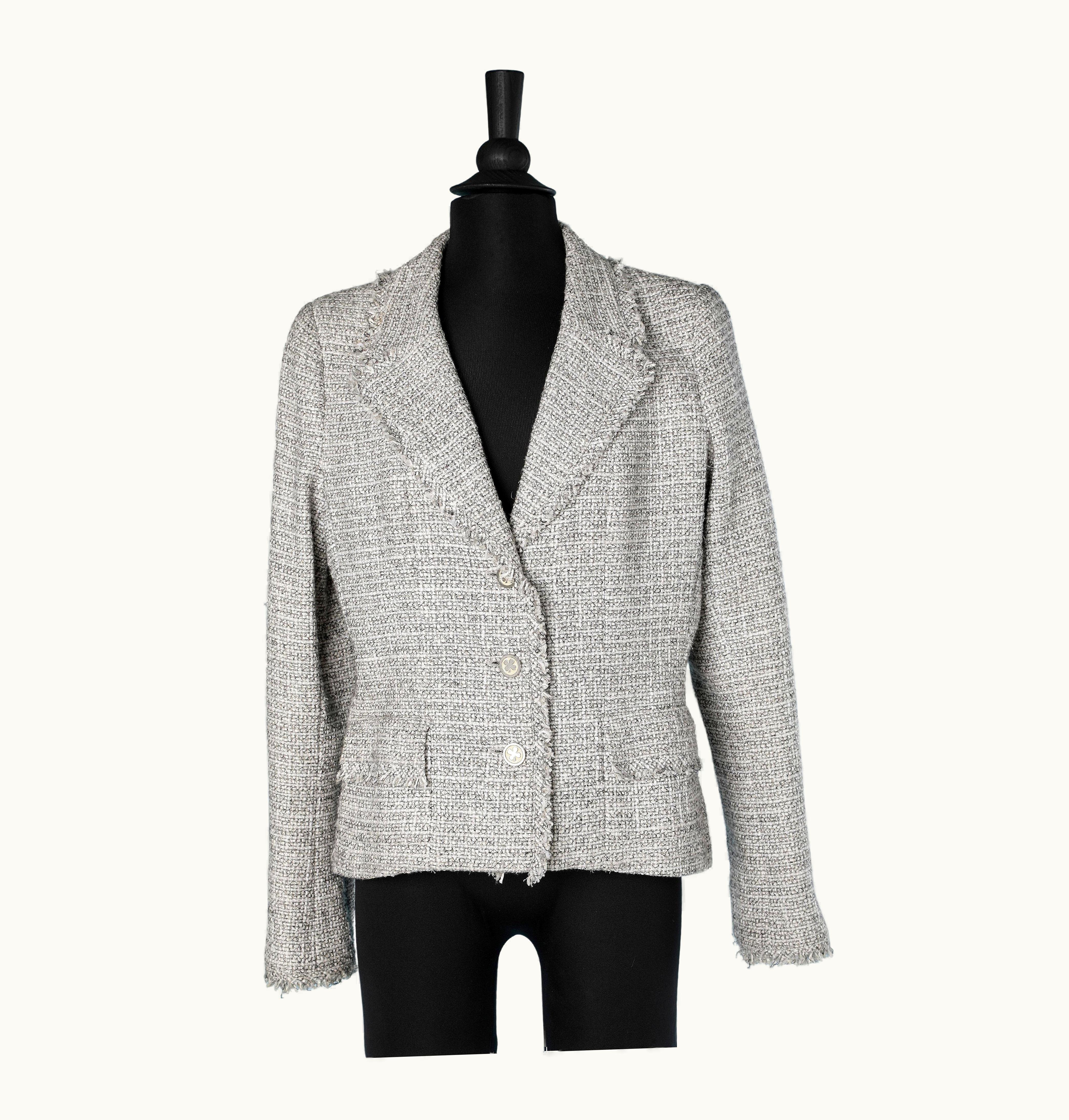 Chanel Grey Silk And Cotton Tweed Jacket With Clover Buttons Chanel