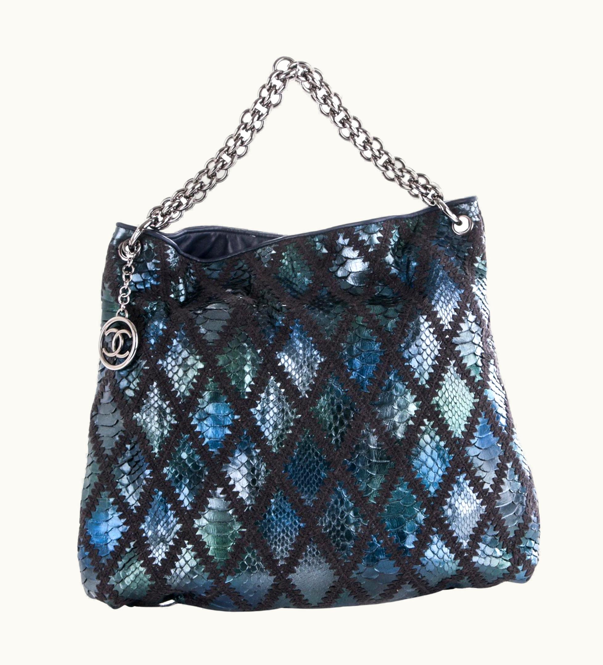 Chanel Chanel Modern Thick Chunky Chain Exotic Python Metallic Blue Hobo Slouchy Tote UZ0593150