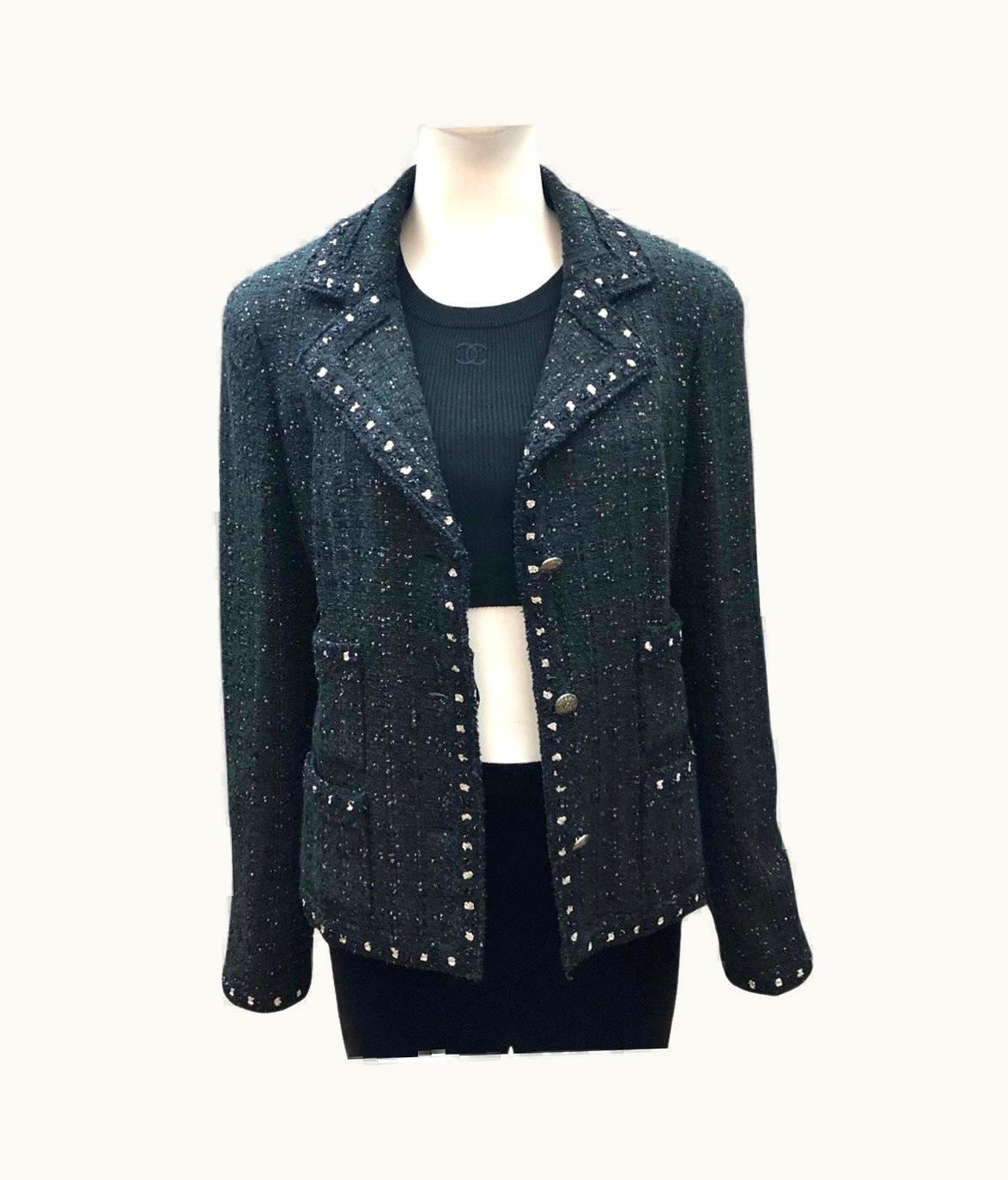 Chanel Chanel Cotton/Rayon Black And Dark Green With Multi-Colours Tweed Jacket