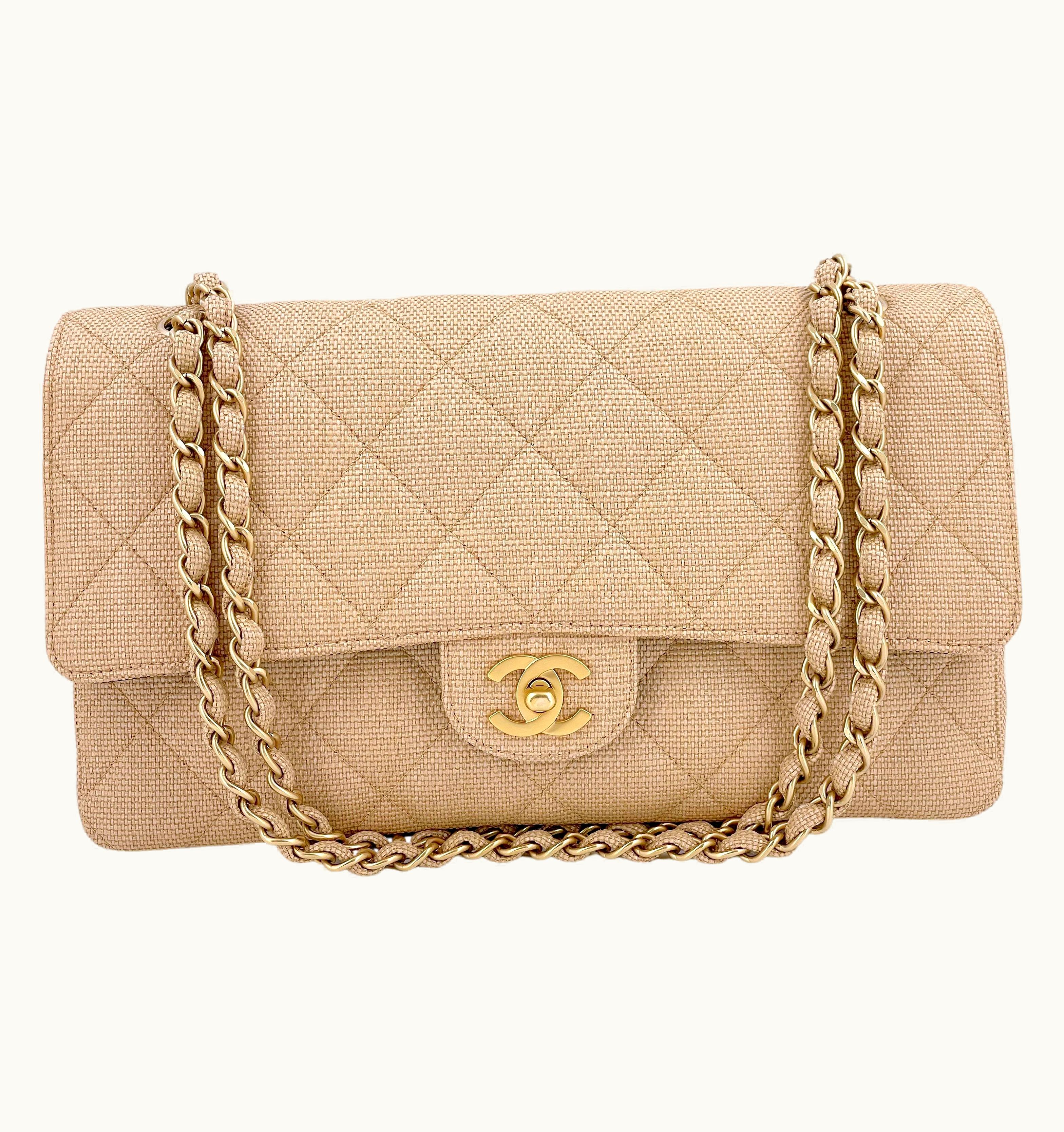 Chanel Rare Chanel 2003 Vintage Beige Raffia Medium Classic Double Flap Bag Ghw