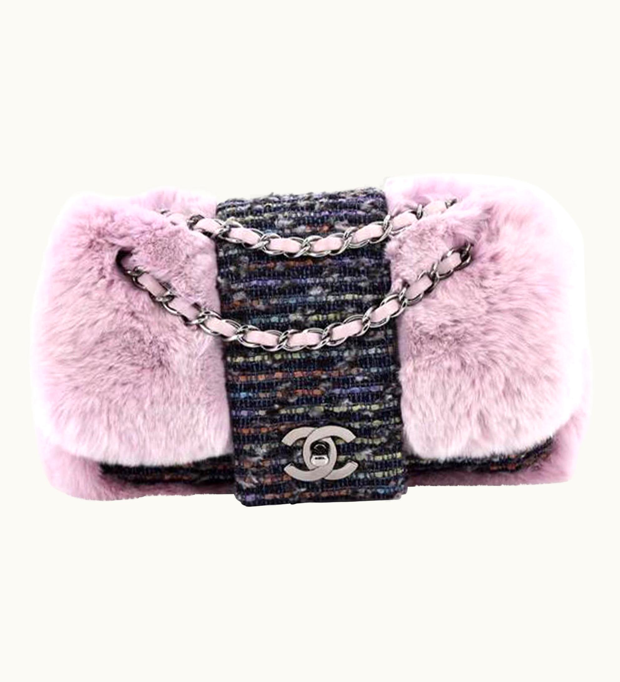 Chanel Chanel Classic Flap Vintage 2000s Pink & Grey Tweed And Fur Cross Body Bag UZ0593162