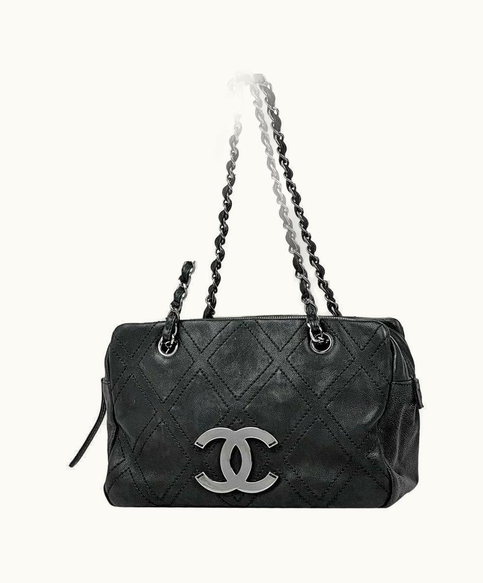 Chanel Chanel 2007 Vintage Calfskin Leather Small Medium Cc Logo Black Shopping Tote