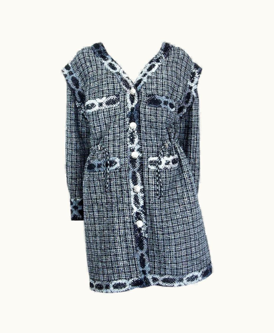 Chanel Chanel Black & Silver Cotton Blend V-neck Tweed Coat Jacket