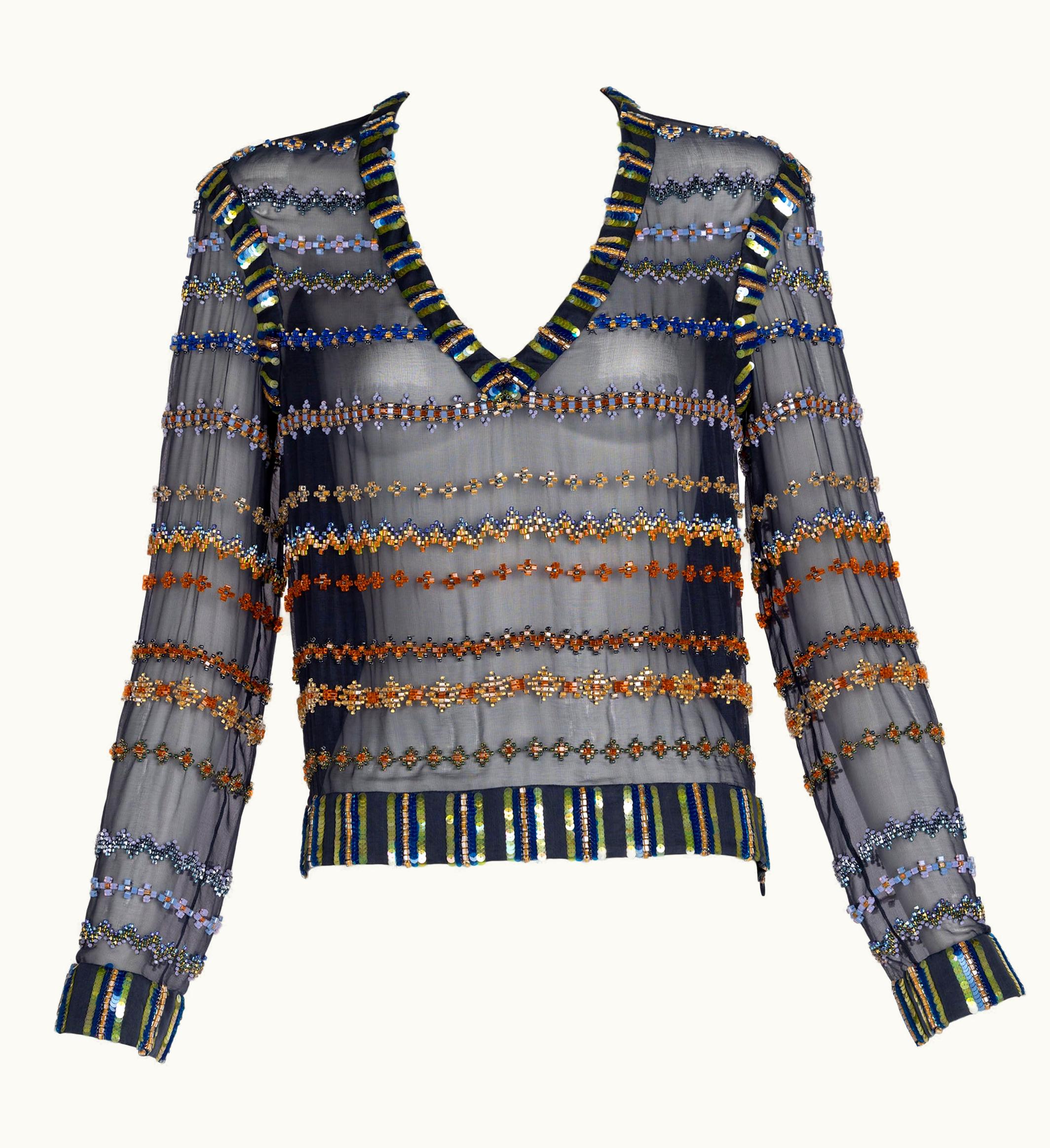 Chanel Chanel Métiers d'Art Silk & Leather Beaded Sequin Deep V Top 2013