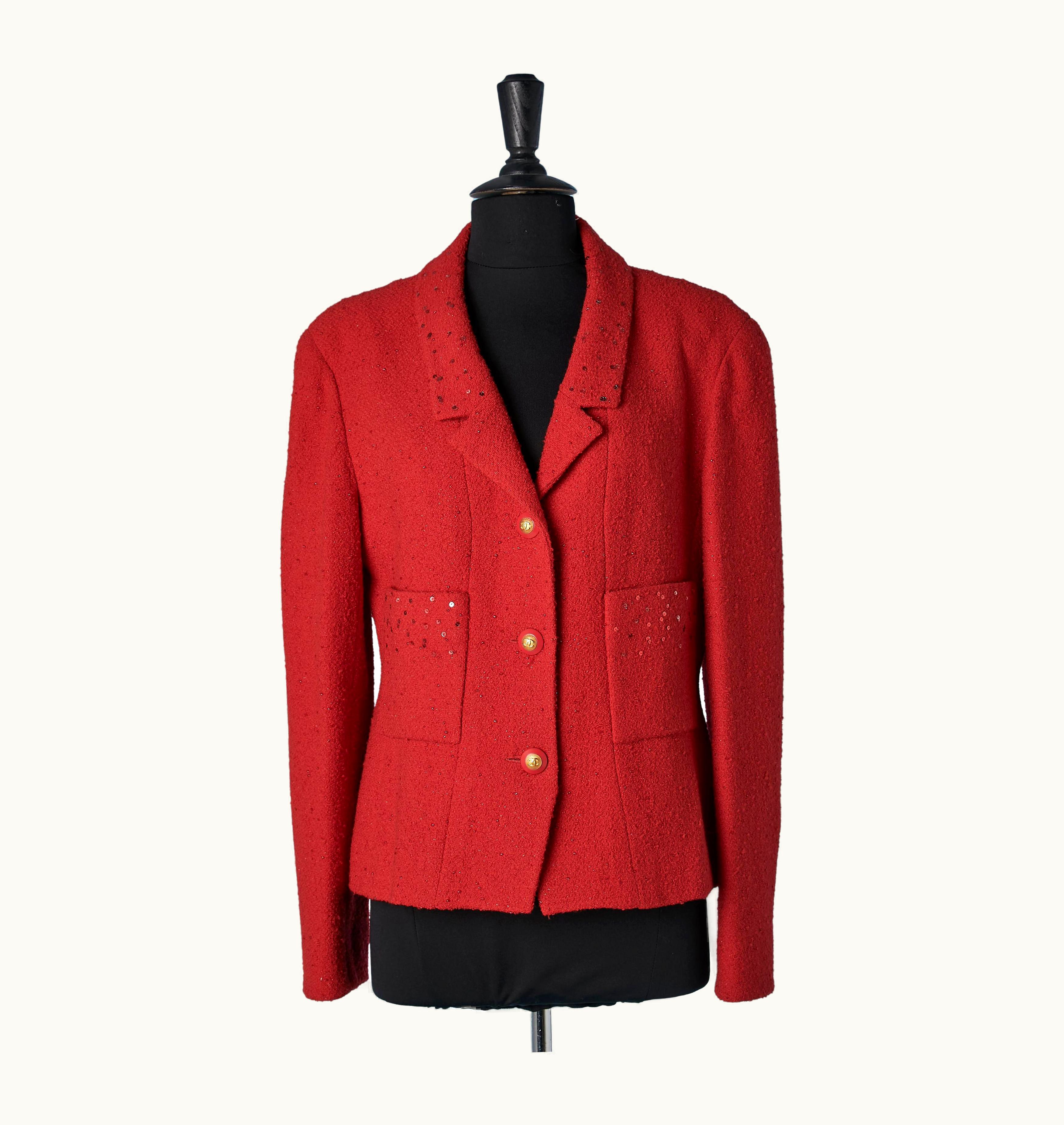 Chanel Red Tweed Single-breasted Jacket With Sequin And Silk Branded Lining Chanel