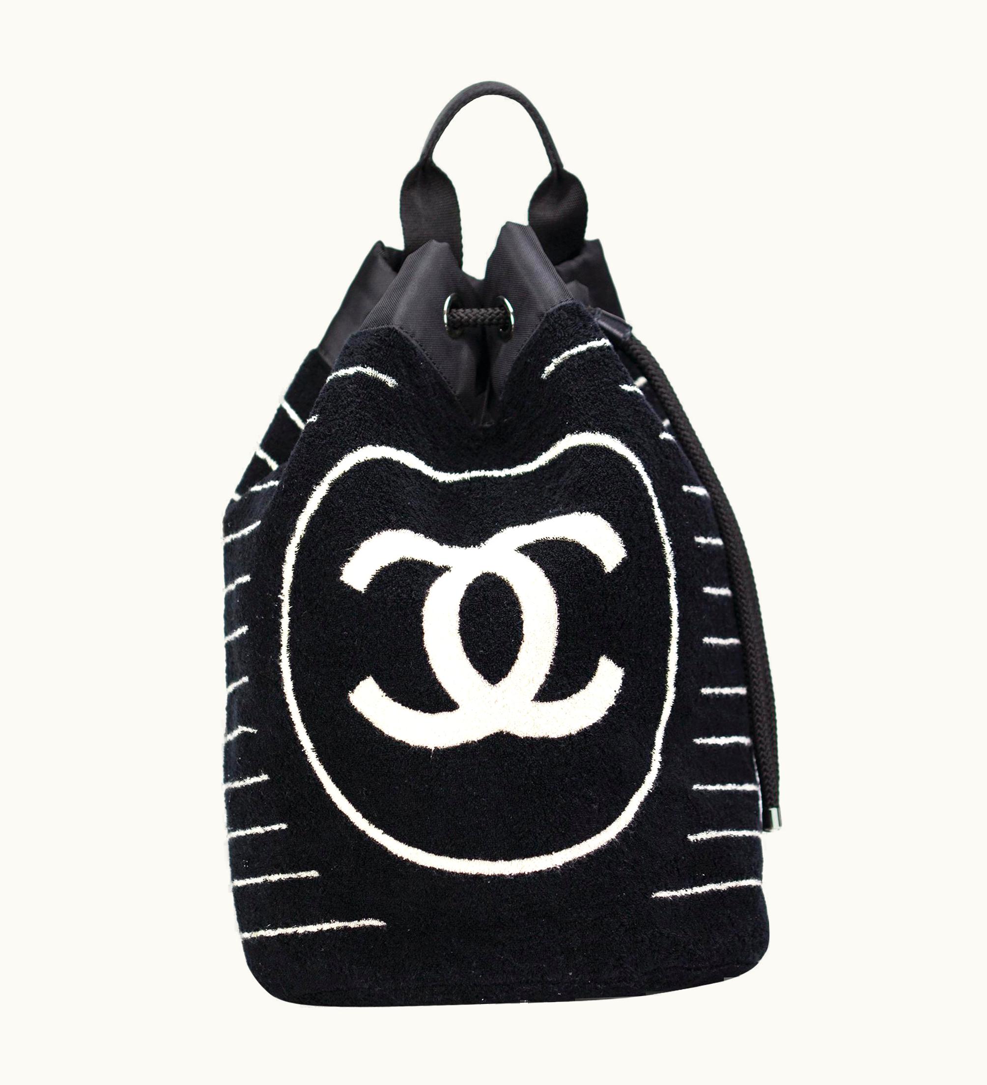 Chanel Chanel Dark Navy Blue Striped Cc Logo Drawstring Large Beach Tote Bag Vintage