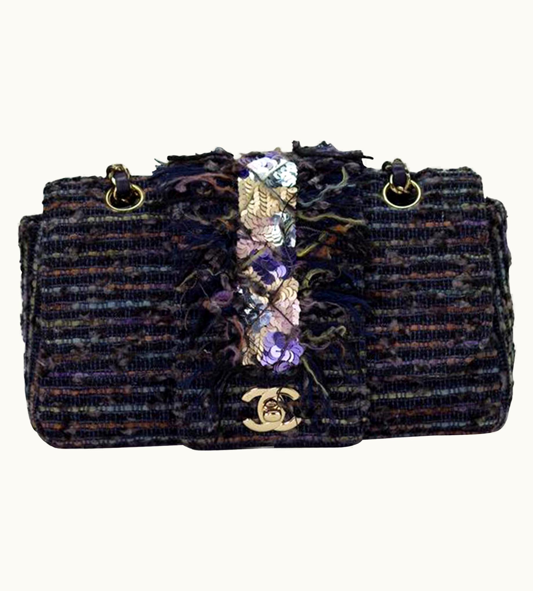 Chanel Chanel Classic Flap Vintage Jeweled Sequin Mermaid Navy Blue Tweed Shoulder