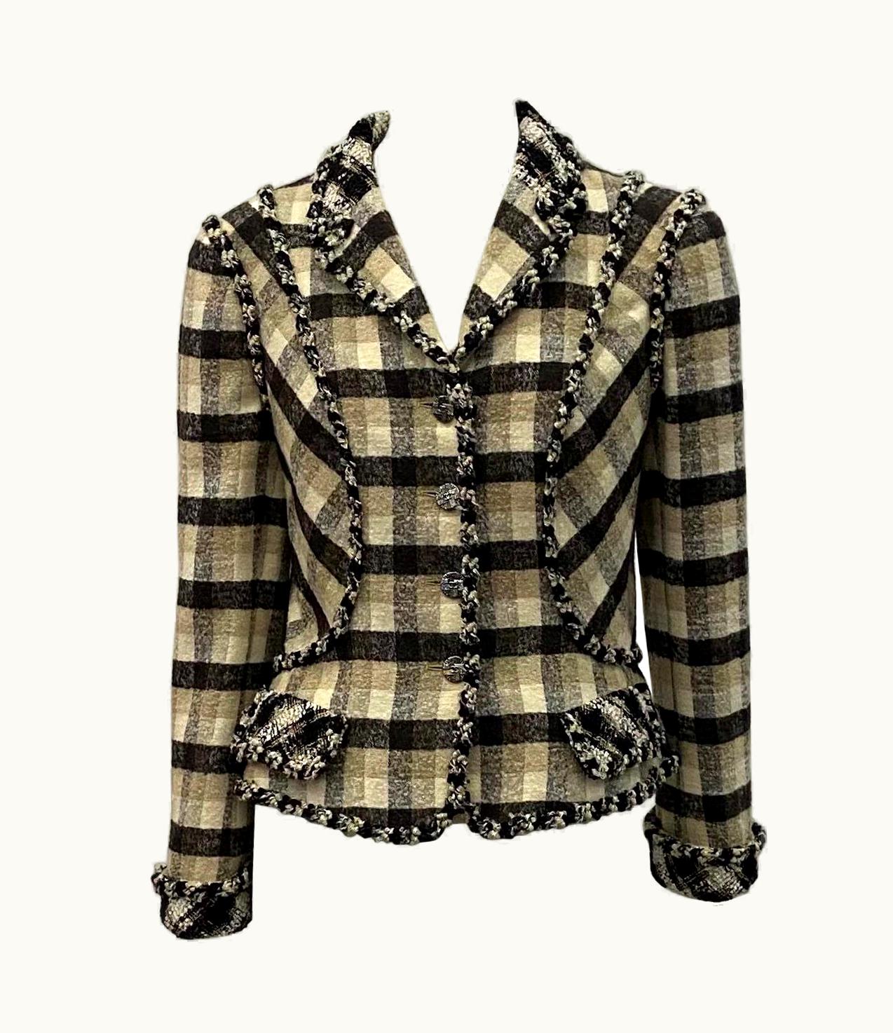 Chanel Chanel Tan Black And Ivory Plaid Wool Blend Jacket
