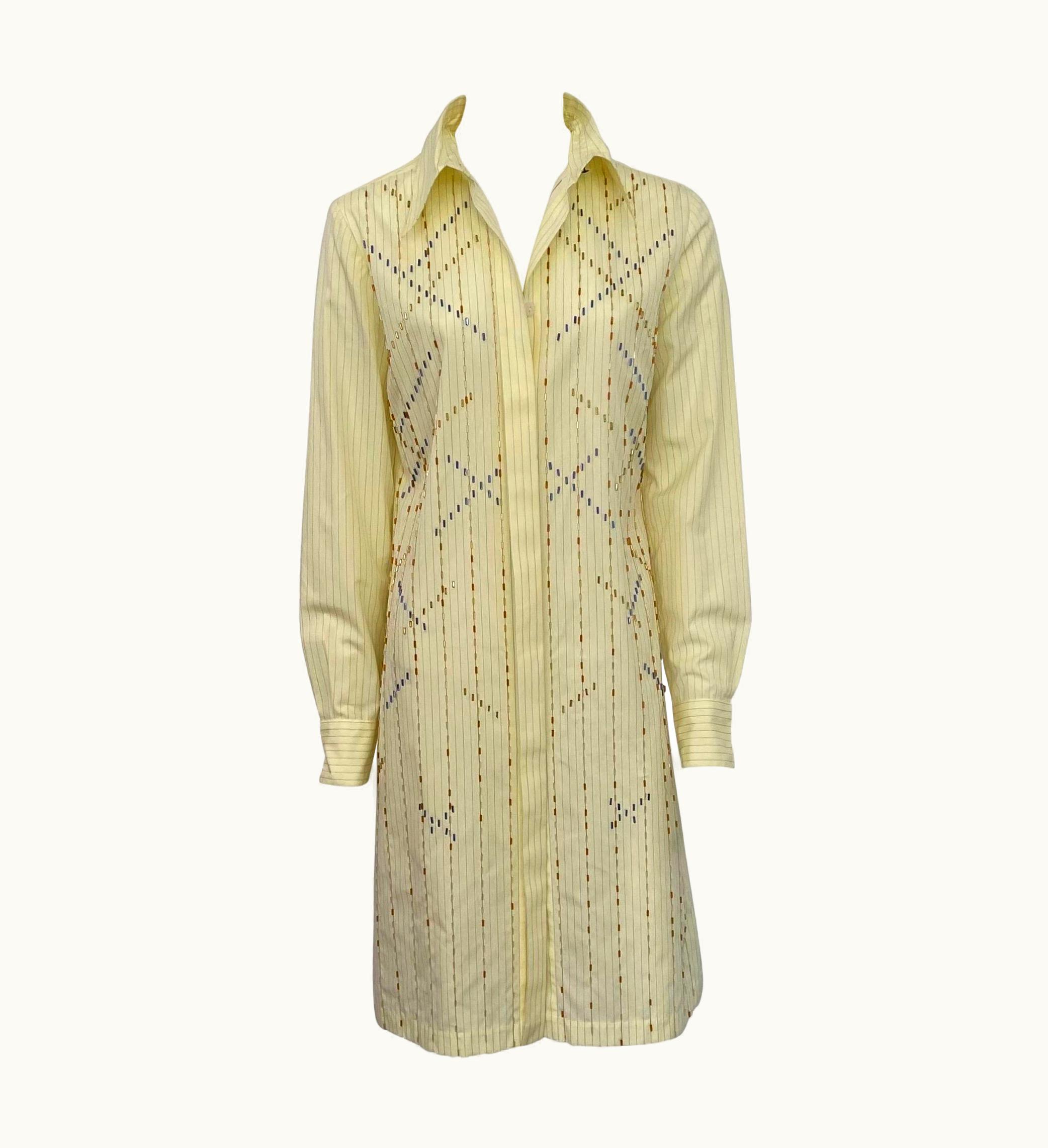 Chanel Chanel Pale Yellow Cotton Pinstripe Beaded Shirt Dress