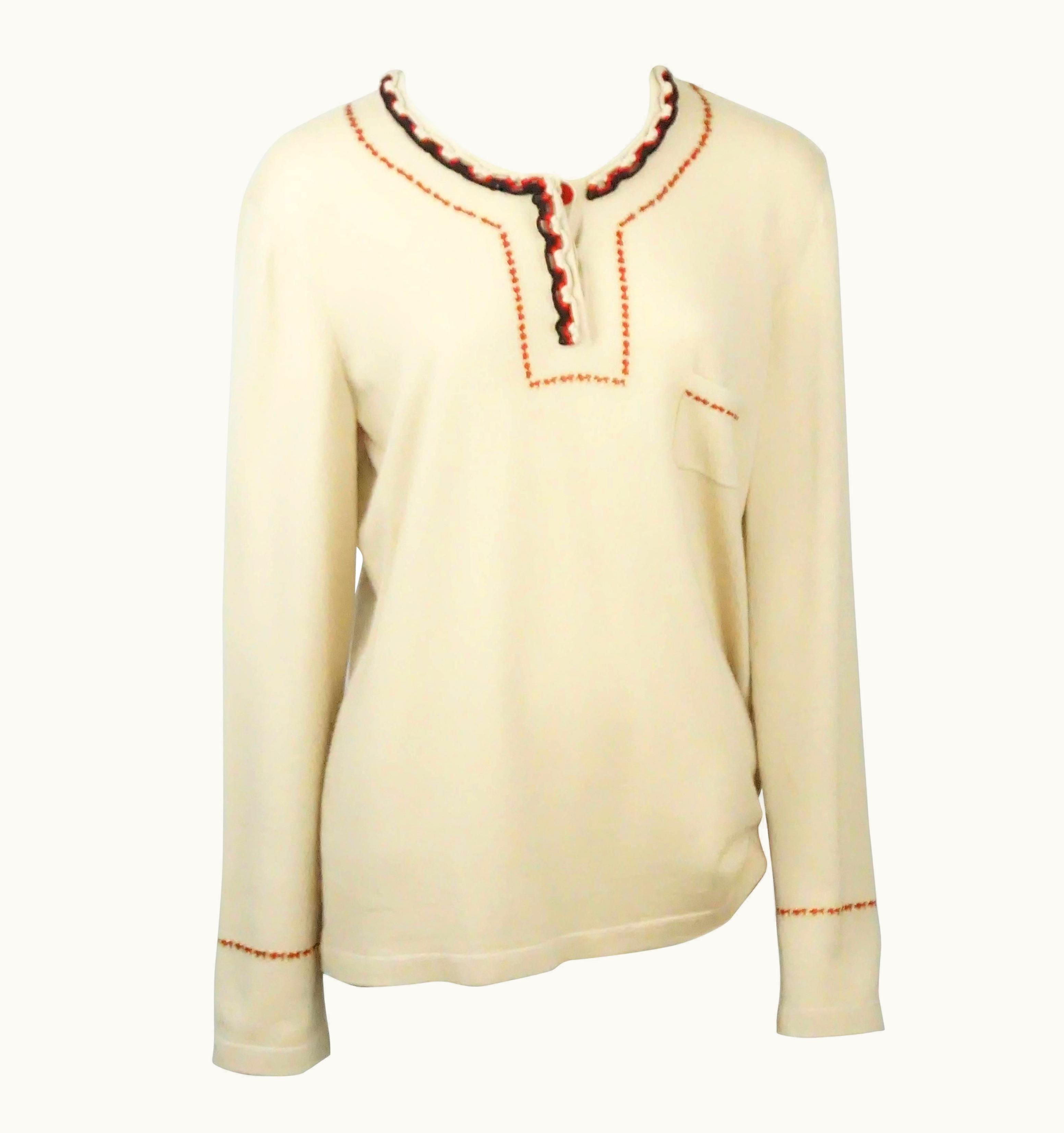 Chanel Chanel Tan Cashmere Sweater With Red And Black Cord Trim