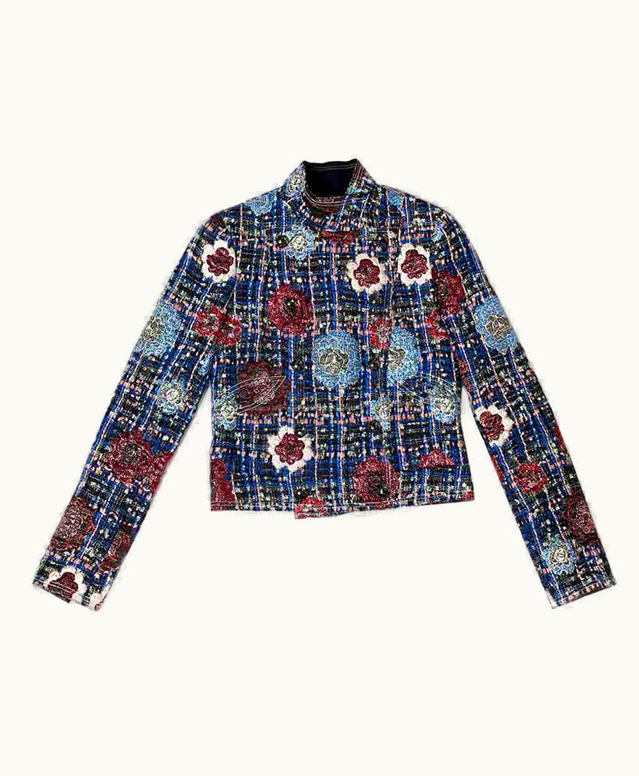 Chanel Chanel Vest In Blue And Pastel Pink Tweed With Camellias Embroidered fr