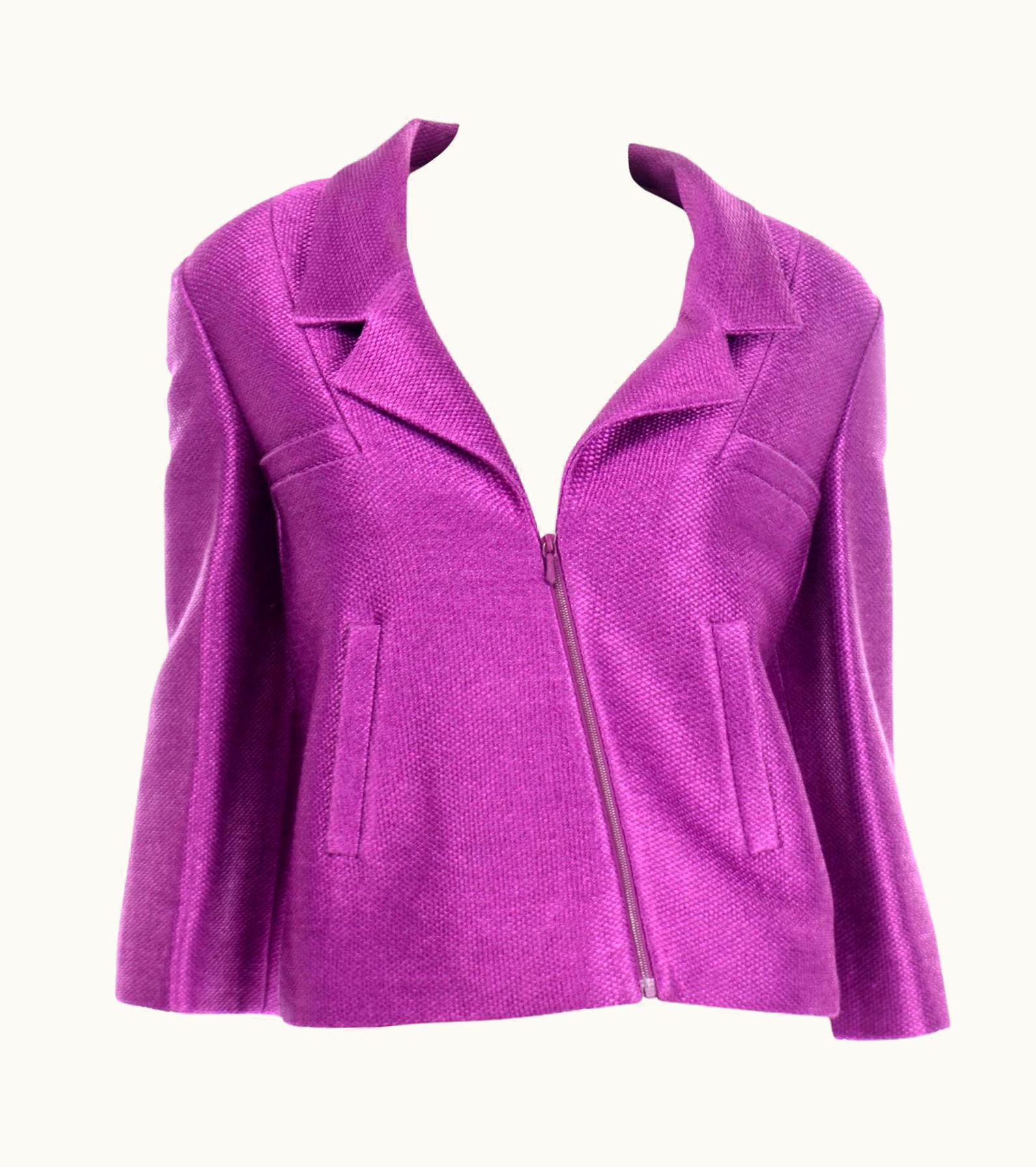 Chanel Chanel 2001 Magenta Purple Metallic Cropped Jacket W Asymmetrical Zipper