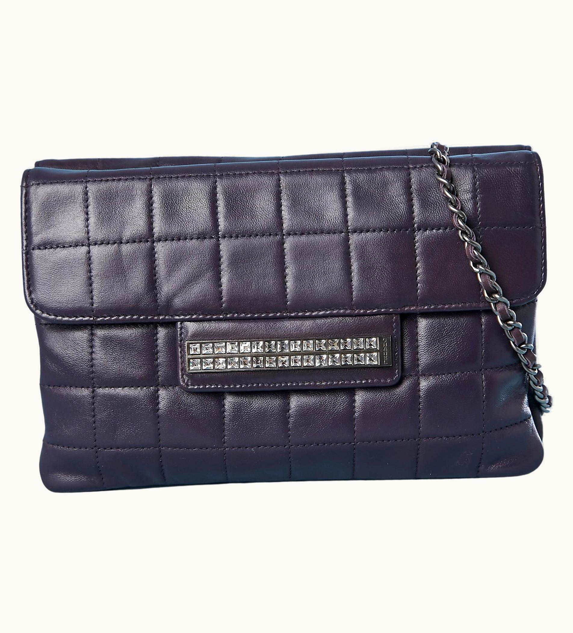 Chanel Purple Leather Top-stitched Bag With Rhinestone On One Side Chanel Numbered