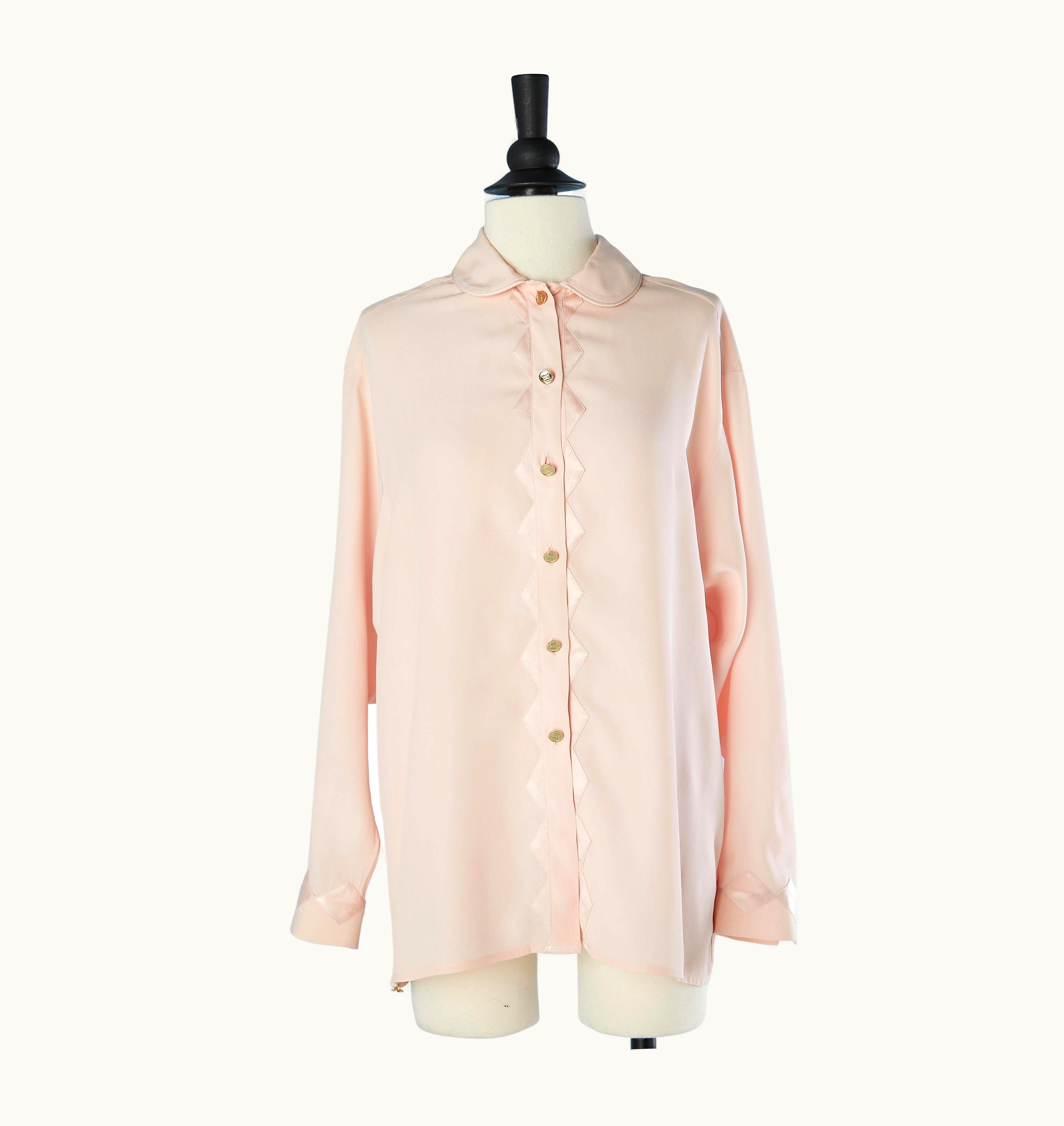Chanel Pale Pink Silk Shirt With Silk Appliqué On The Button Tab And Cuff Chanel