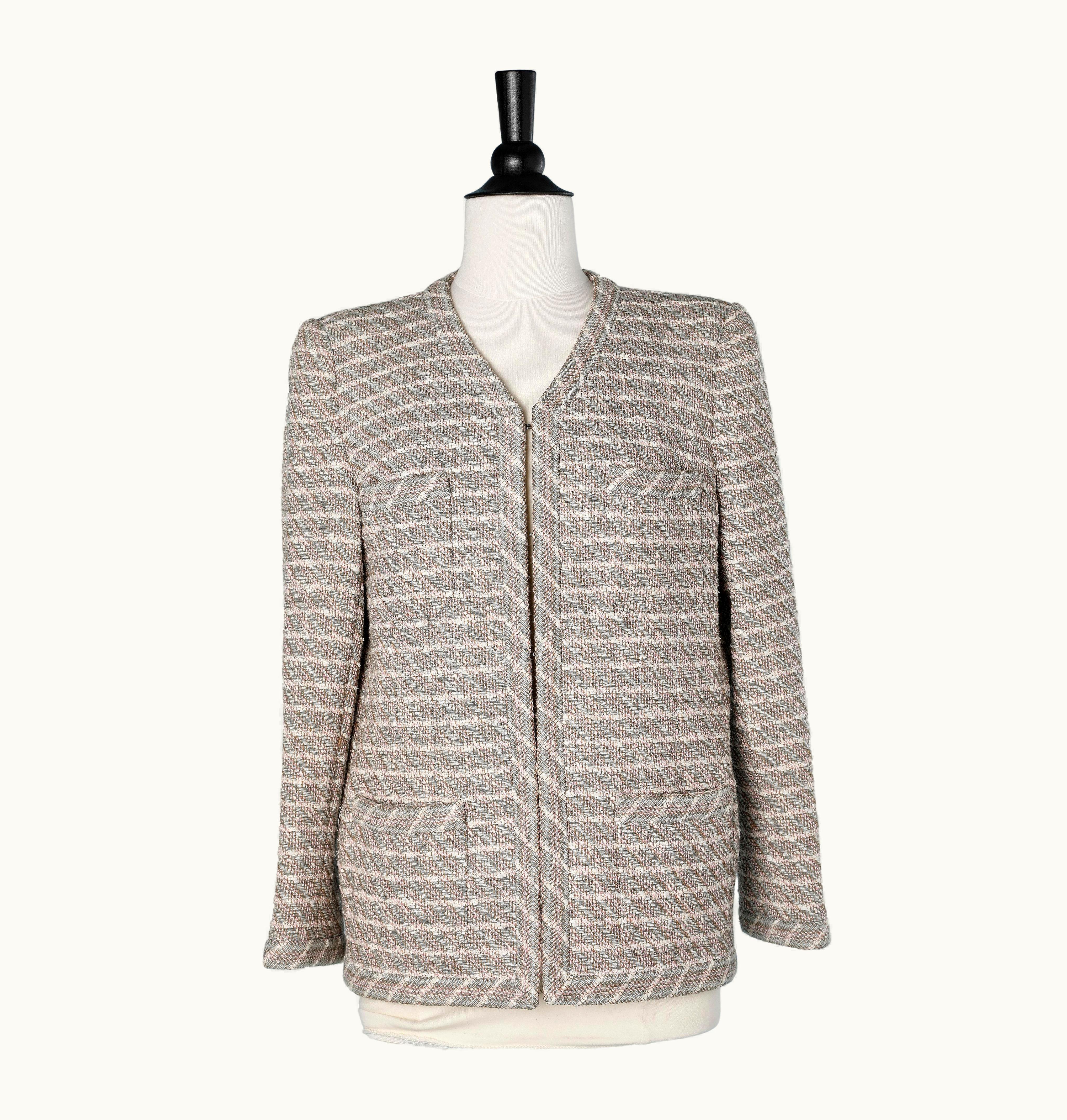 Chanel Pink And Grey Tweed Edge To Edge Jacket With Striped Silk Lining Chanel