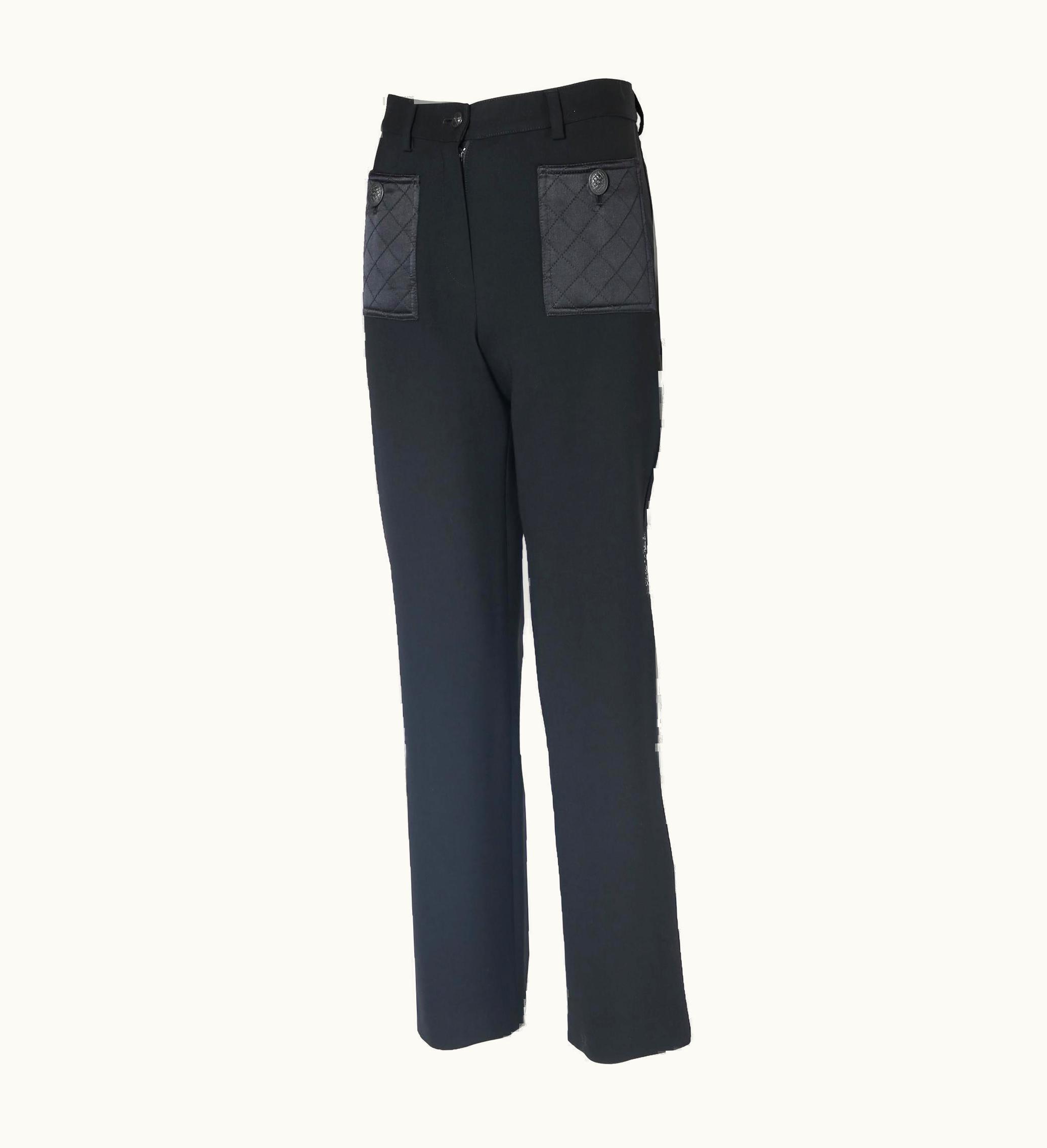 Chanel 2004 A/h Chanel Black Wool Stretch Pants w/Quilted Satin Hip Pockets