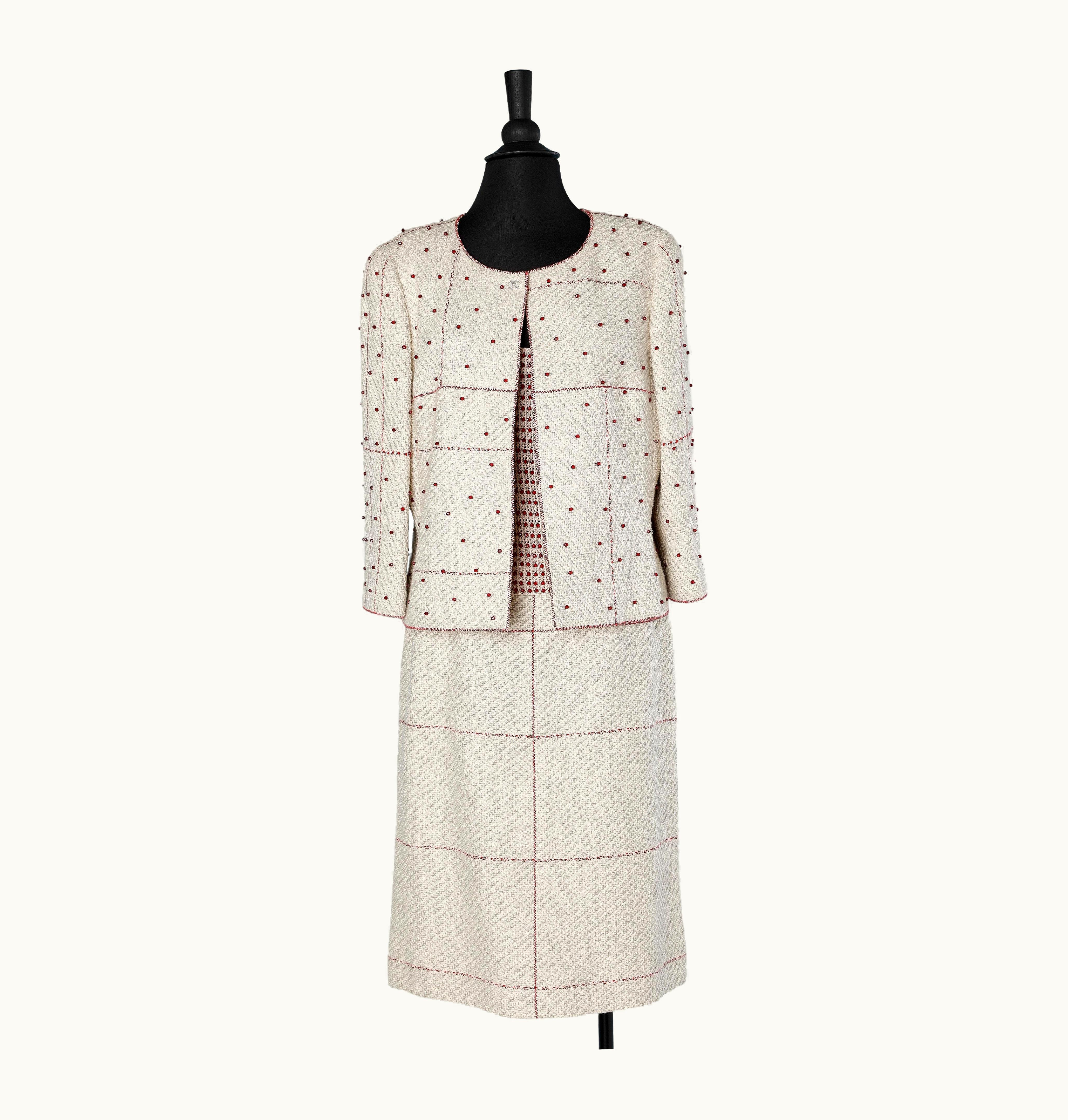 Chanel 3 Pieces Ensemble In Off-white Cotton And Wool Tweed With Red Beads Chanel