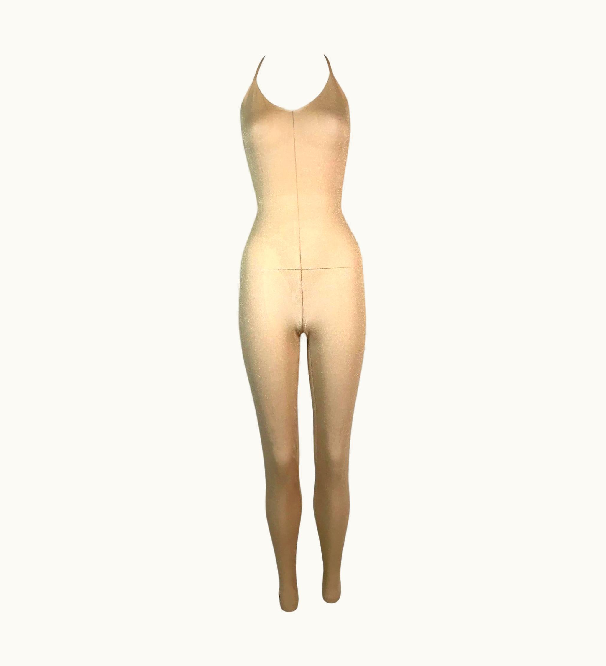 Chanel S/S 2005 Chanel Sheer Knit Gold Halter Catsuit Jumpsuit