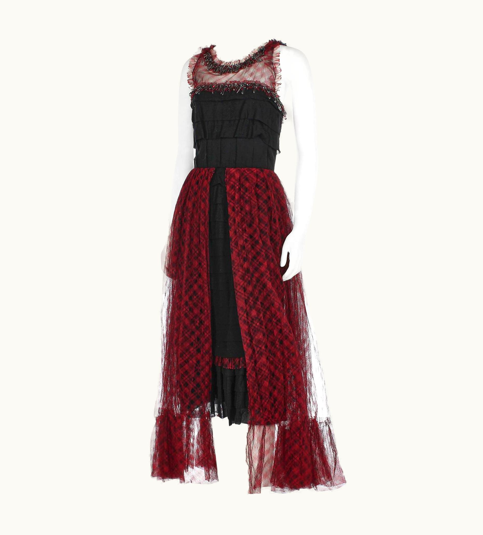 Chanel Chanel Red & Black Tartan Tulle Evening Gown w/Safety Pin Embellishment 2008