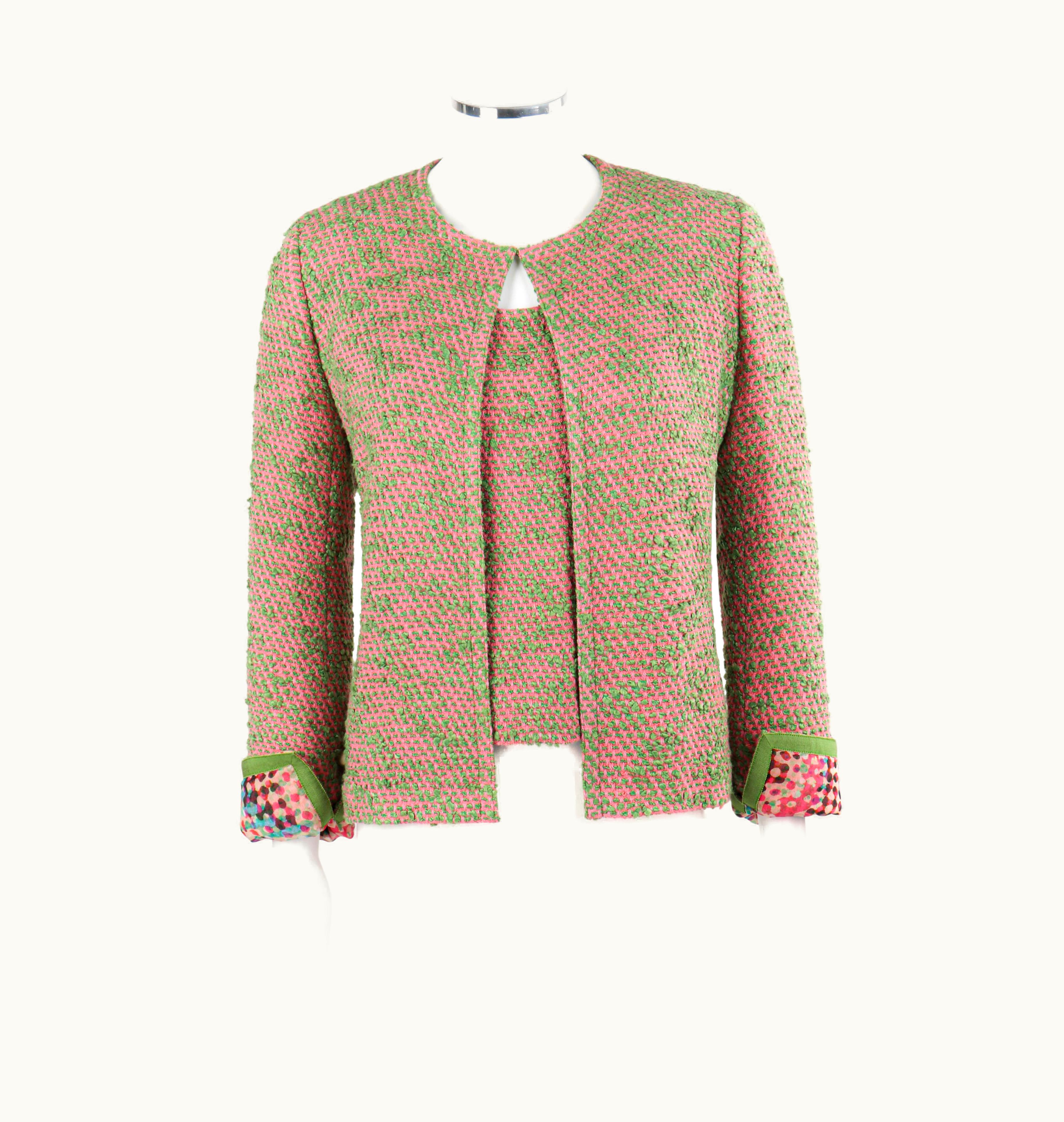 Chanel Chanel C.2000s Pink Green Boucle Knit Silk Jacket & Tank Top Shell 2pc