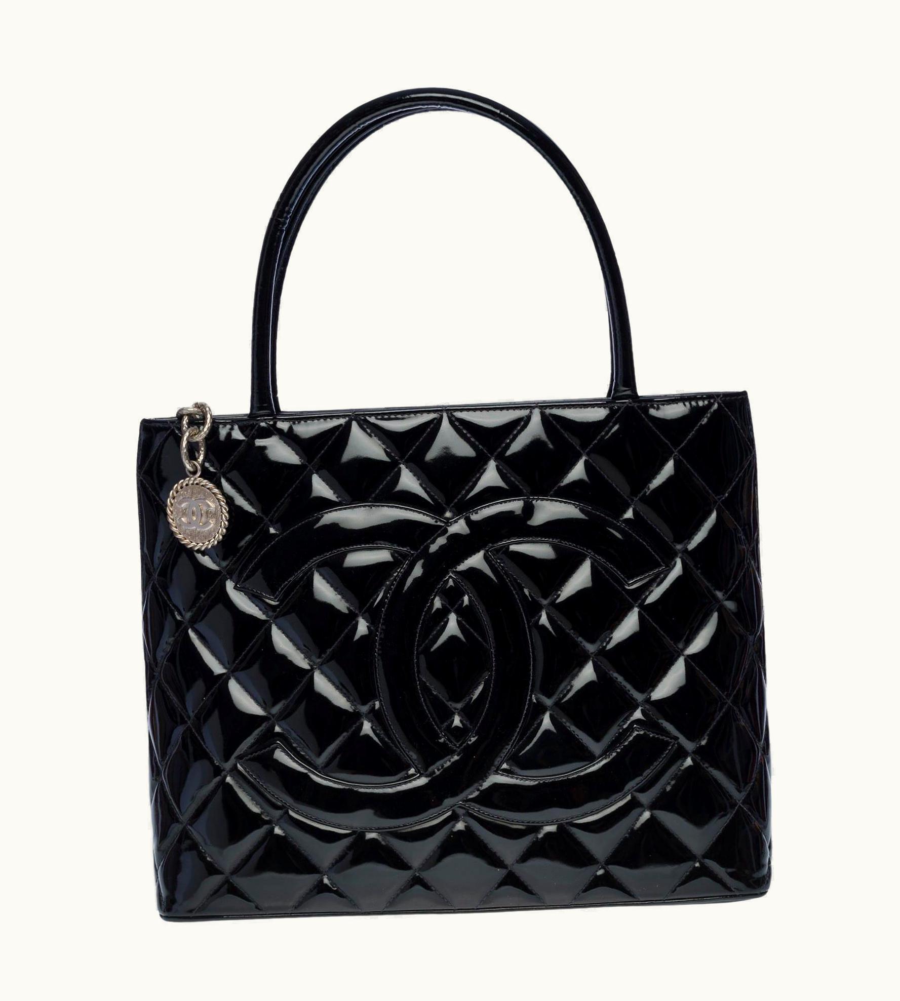 Chanel Beautiful Chanel Cabas Medallion Bag In Black Patent Leather, Shw UZ0593273