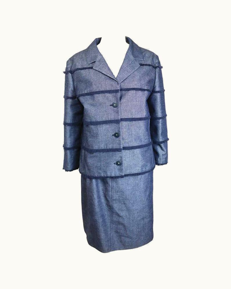 Chanel Chanel Blue Denim With Raw Edge Fringe Jacket And Skirt Ensemble