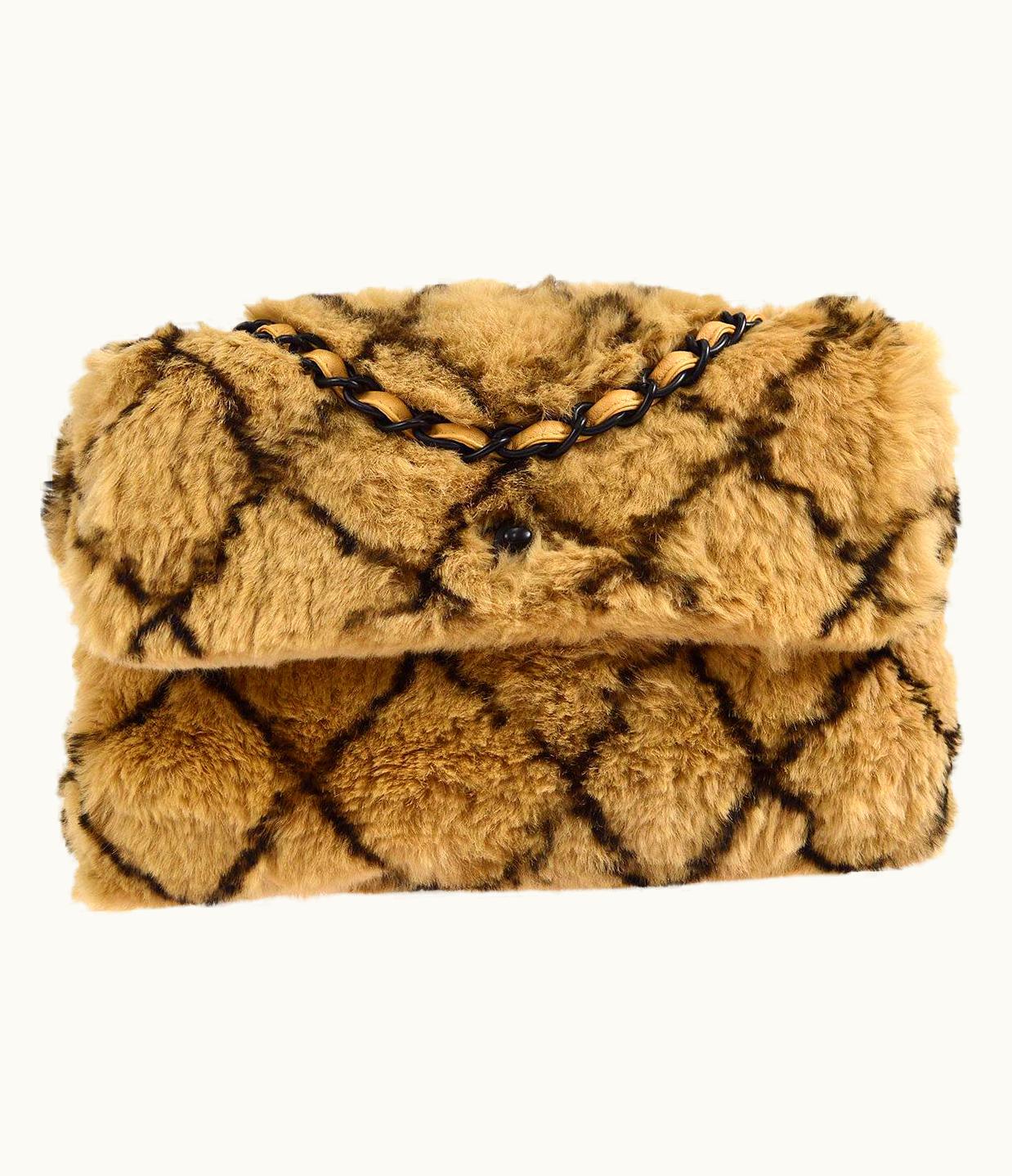 Chanel Chanel Beige Black Fur Leather Black Hardware Medium Shoulder Flap Bag