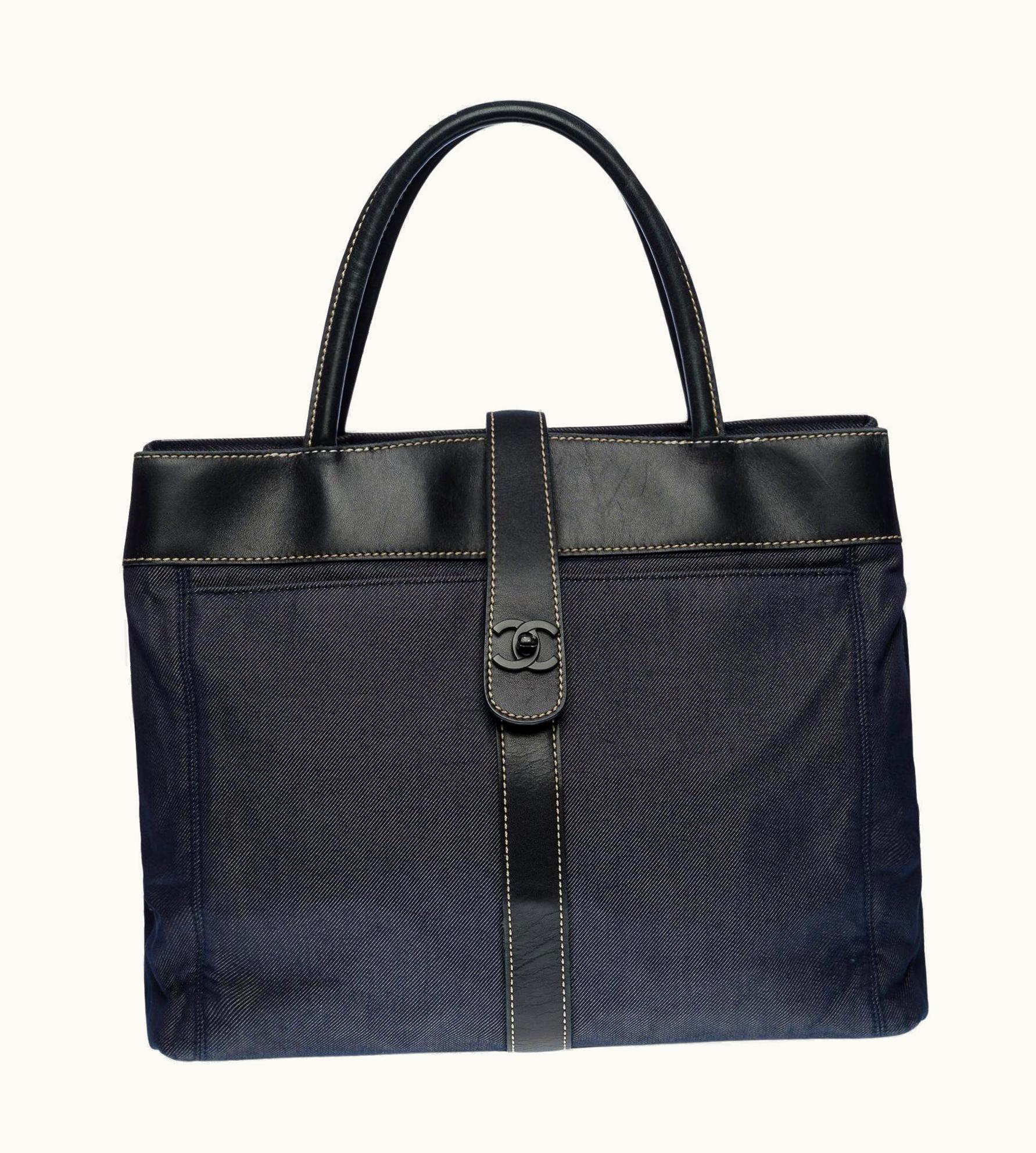 Chanel Chanel Tote Bag In Blue Denim And Black Leather, Black Hw
