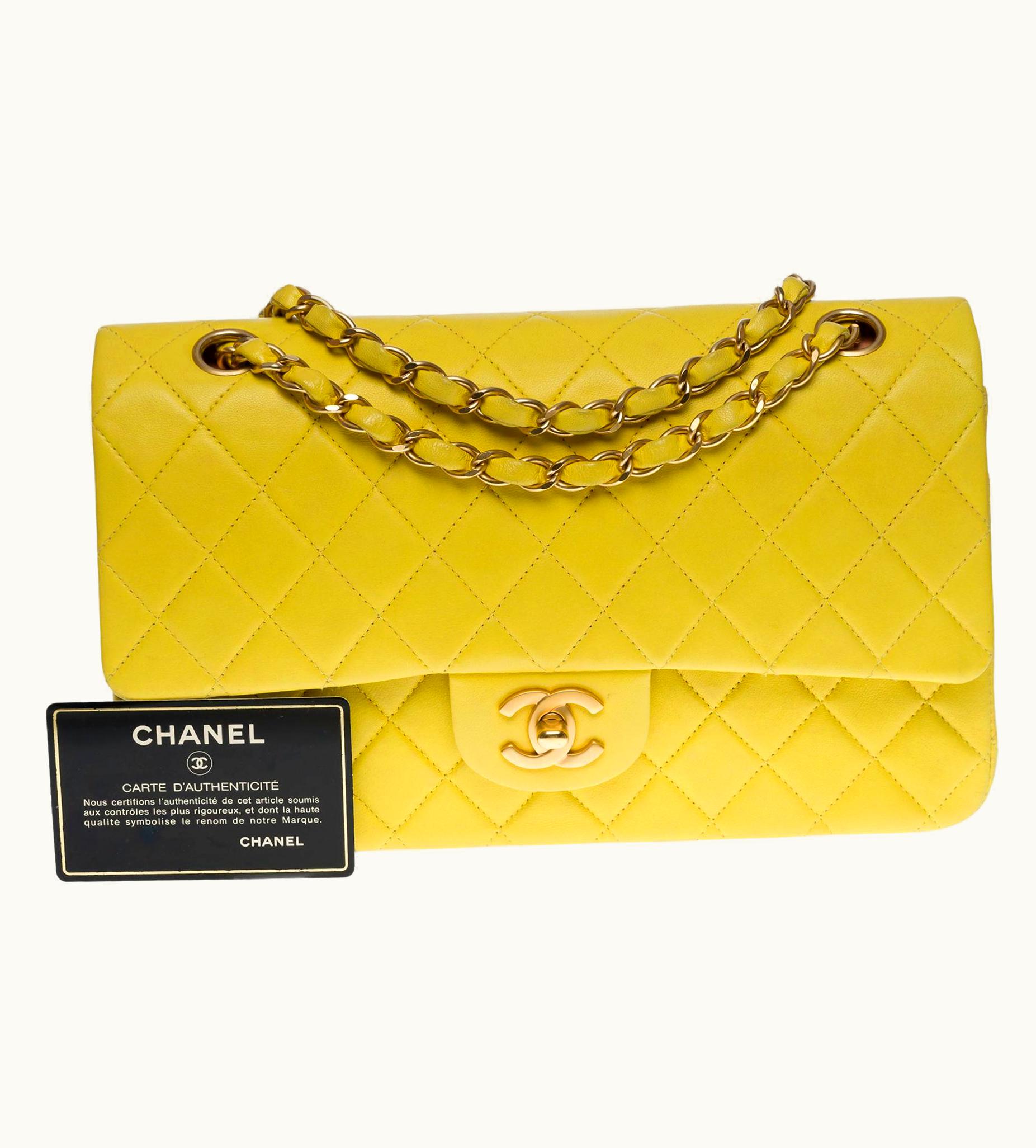 Chanel Chanel Timeless Medium Double Flap Shoulder Bag In Yellow Quilted Lambskin, Bghw