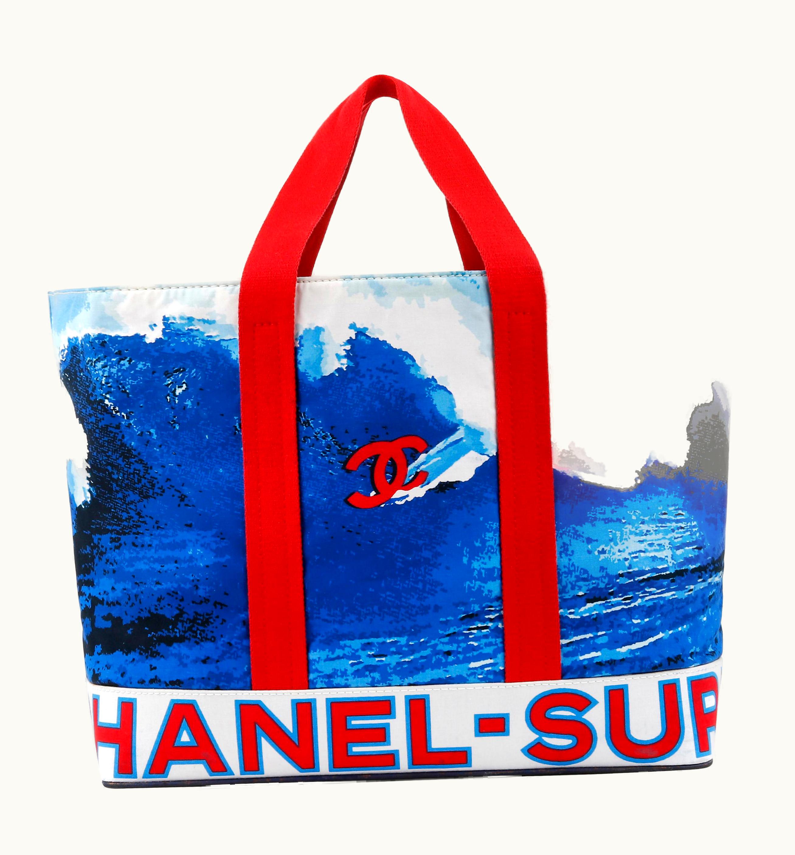 Chanel Chanel C.2002 Red White Blue Cc Surf Wave Canvas Beach Bag Large Tote