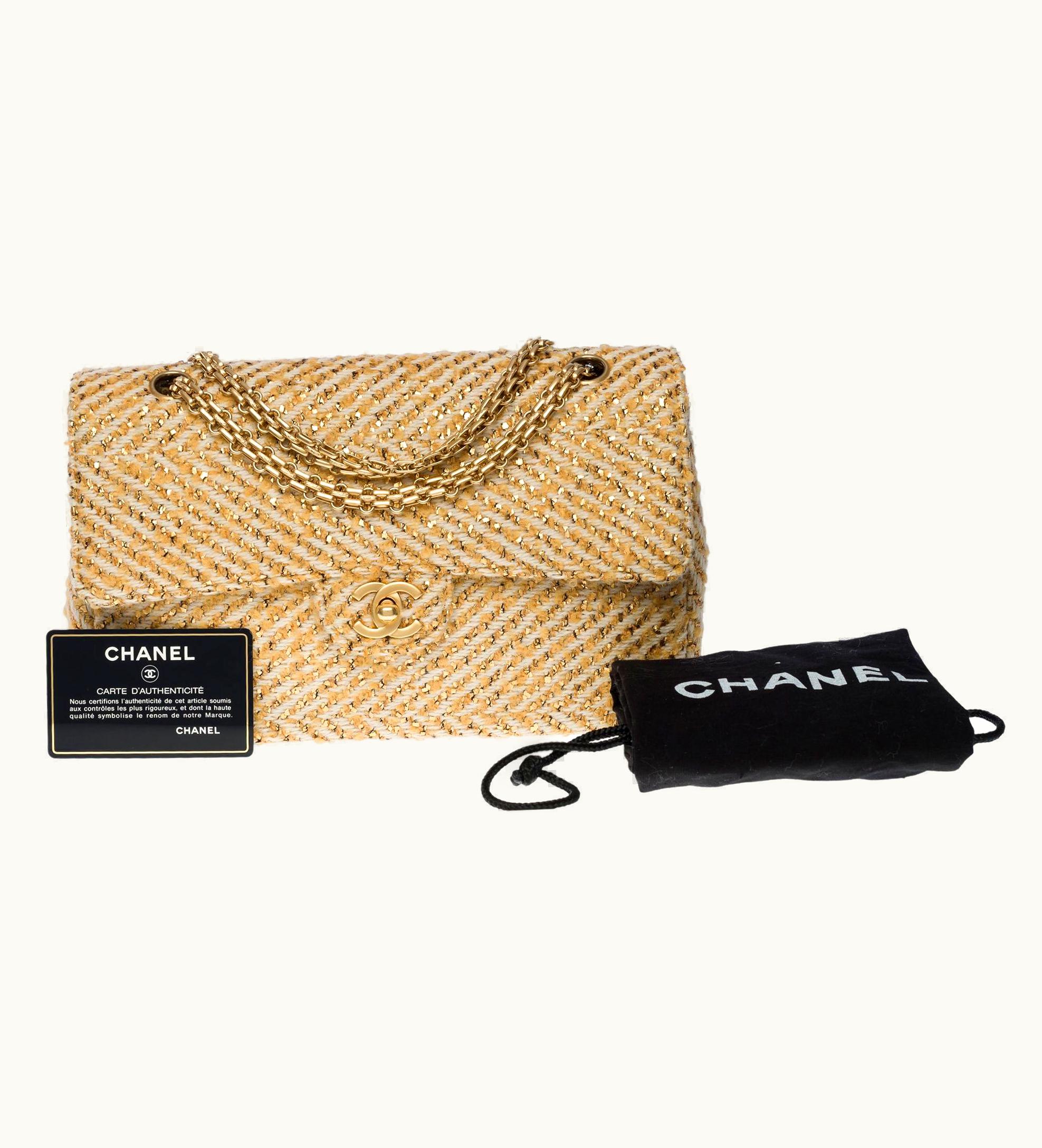 Chanel Limited Edition Chanel Timeless Medium Shoulder Bag In Gold And Beige Tweed, Mghw UZ0593287
