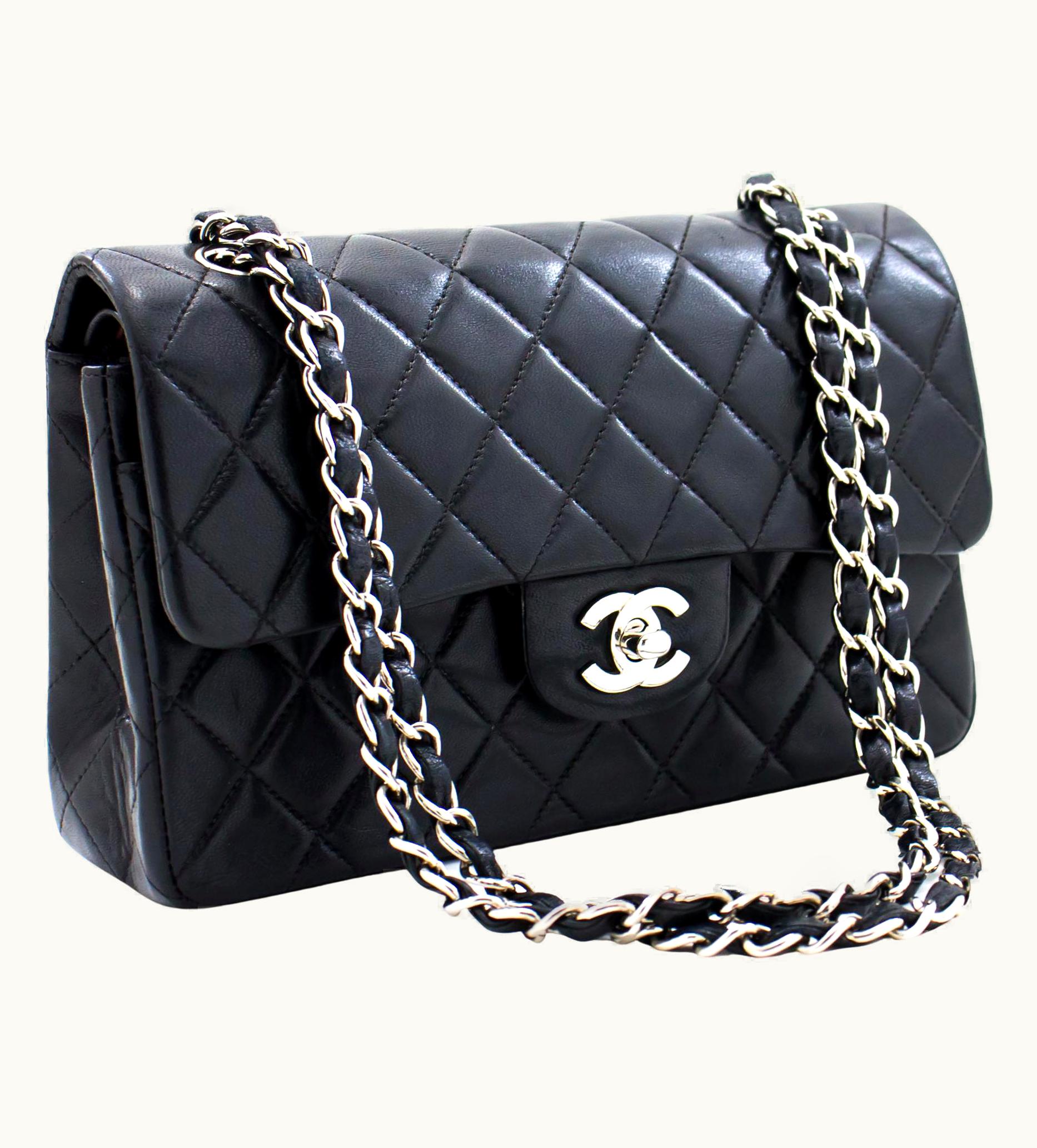 Chanel Chanel 2.55 Double Flap Small Silver Chain Shoulder Bag Black Lamb