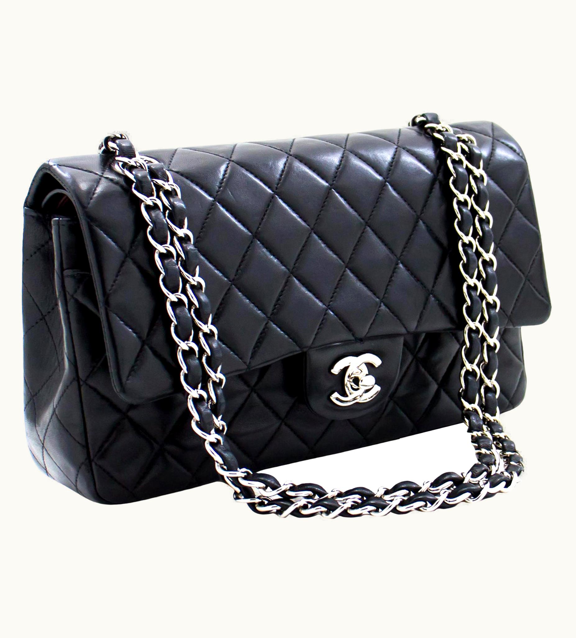 Chanel Chanel 2.55 Double Flap Medium Silver Chain Shoulder Bag Black